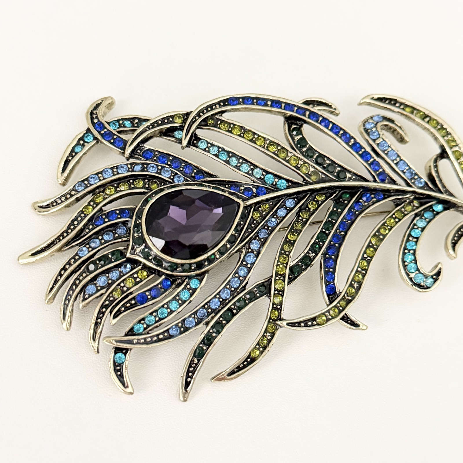 Heidi Daus Signed Rare Big Peacock Feather Rhinestone Statement Brooch Pin
