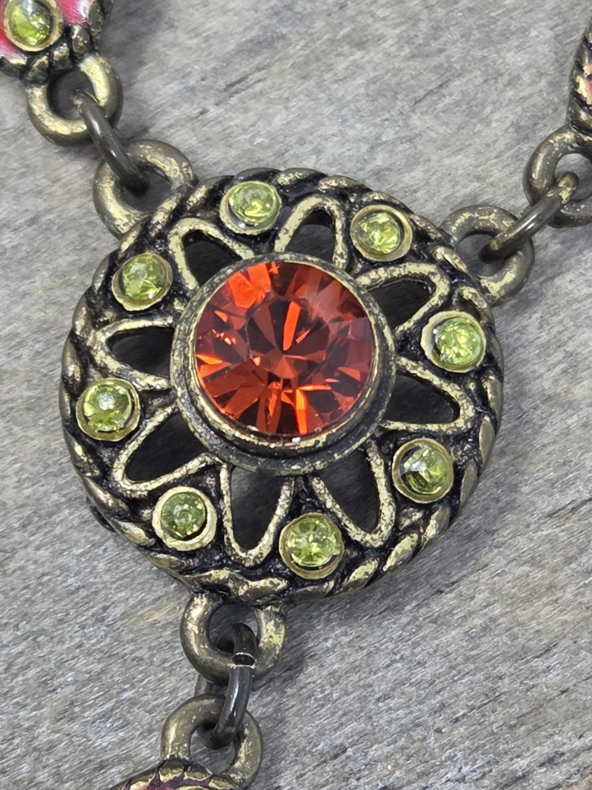 Orange Pink Yellow Y-Drop Necklace & Earring Set Rhinestones Enamel Bronze Tone