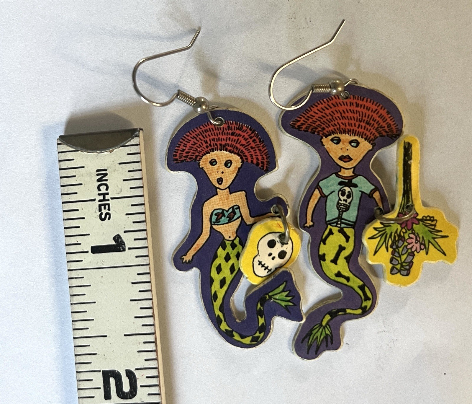 Vtg Mermaid Earrings Signed 1990 Beach Art Skull Dangle Goth Boom Boom Wiz