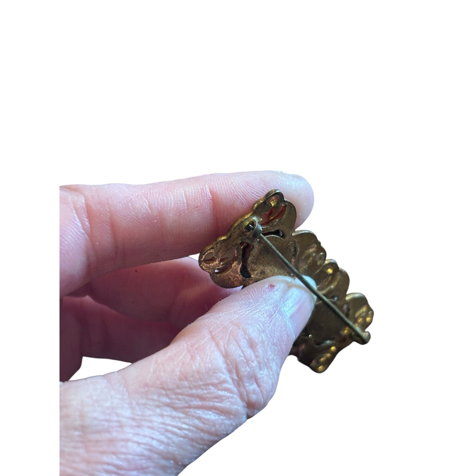 Vintage Art Nouveau Revival Brass Tone Brooch Purple Glass Cabochon Pin