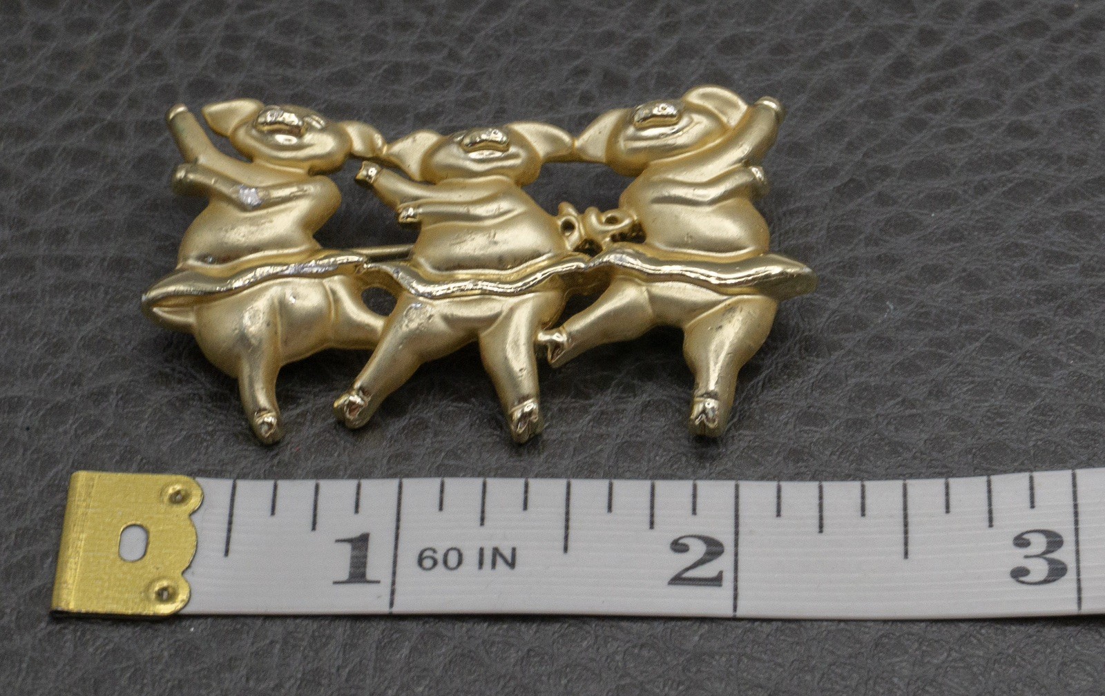 Brushed Gold Tone Brooch Pin Pigs Dancing Vintage MCM Piglets Ballerina