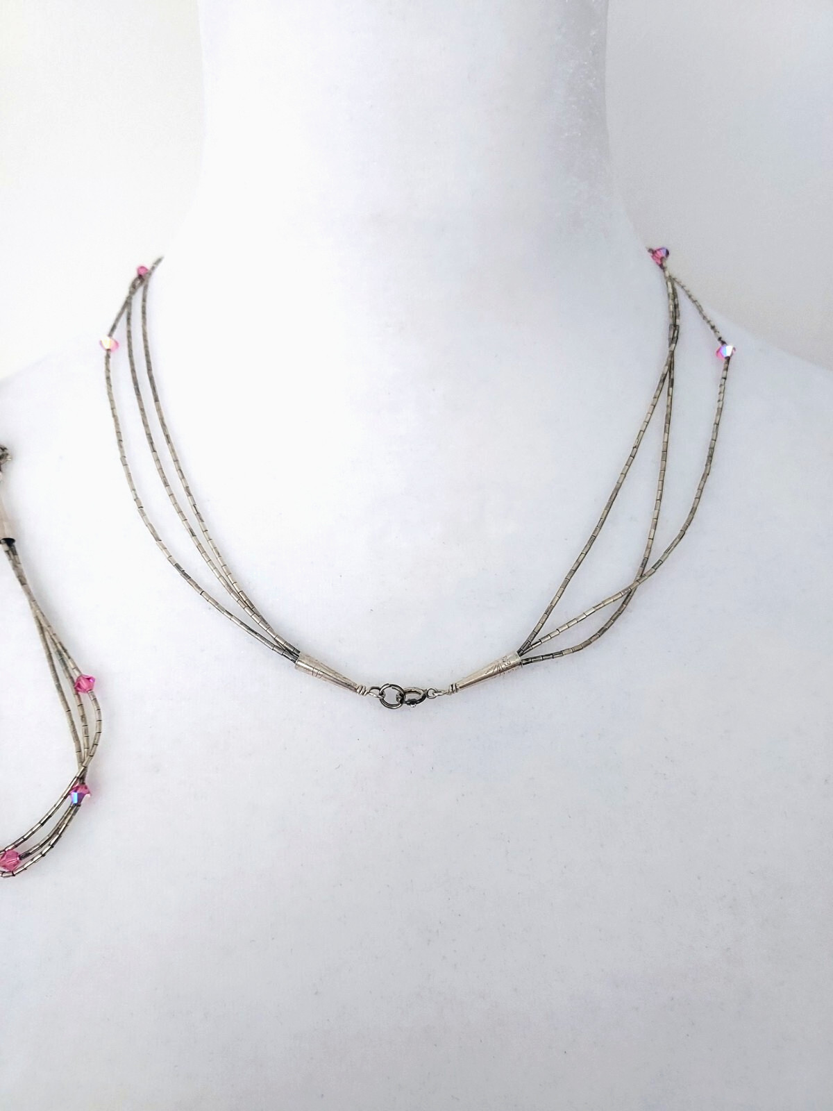 Vintage Silver Necklace & Bracelet 1990’s Pink Crystals Beautiful! 9″ drop