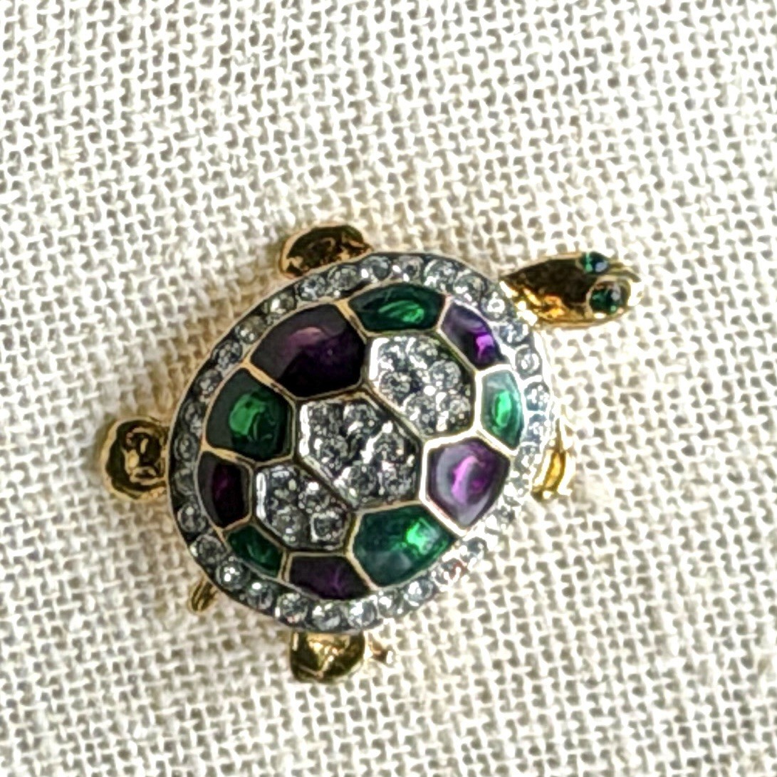 CRYSTAL TURTLE Tortoise Brooch Pin Gold Green Purple VINTAGE Green Eyes