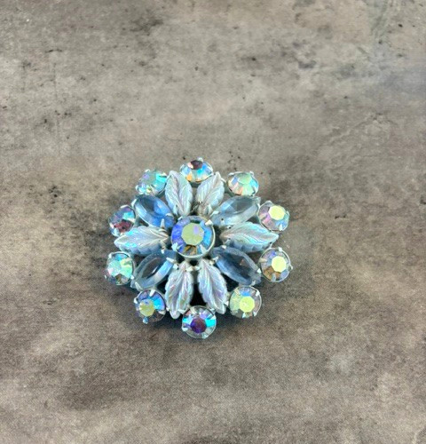 Vintage Blue Rhinestone Brooch Flower and Leaves Blue Floral