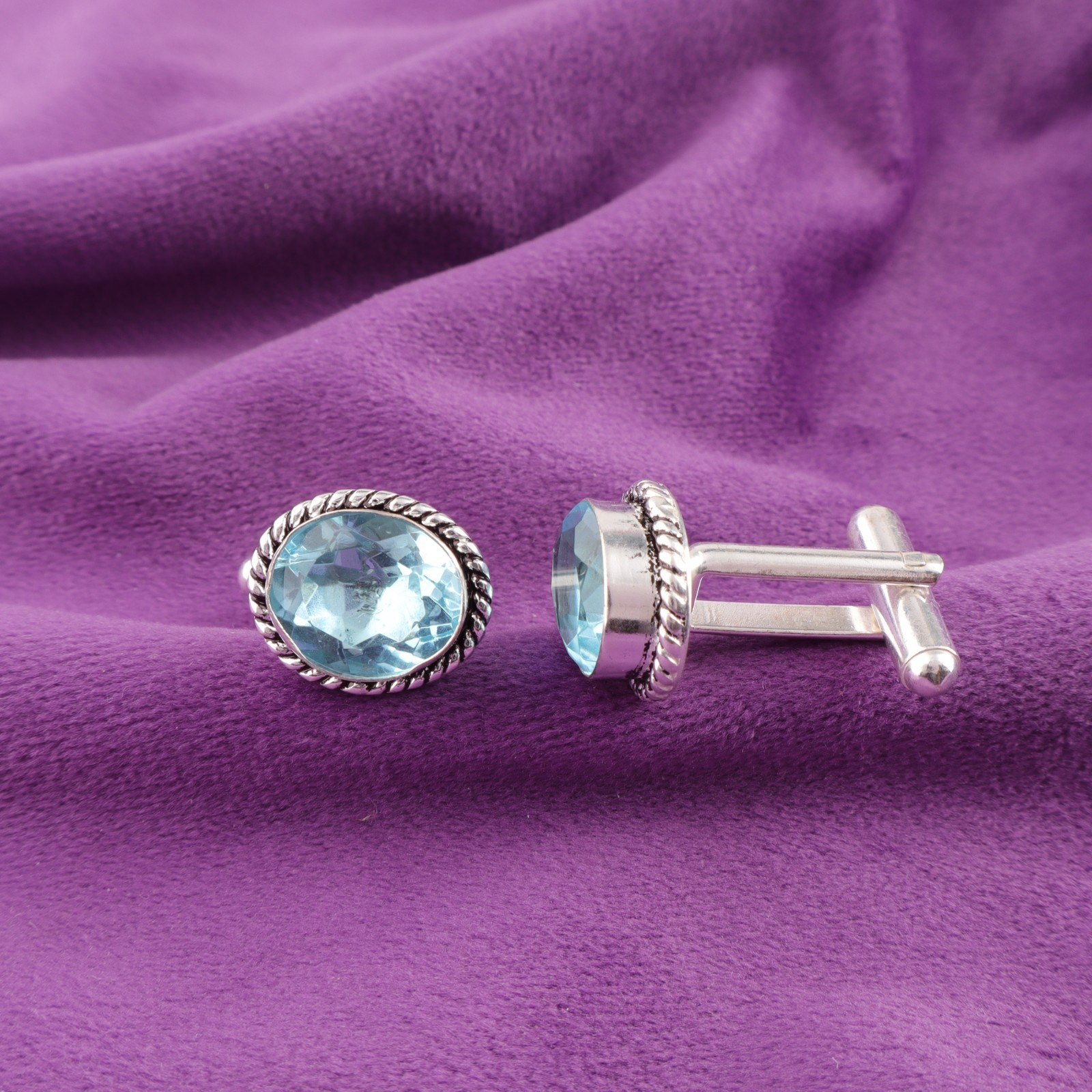 925 Silver Sky Blue Topaz Stone Engagement Anniversary Birthday Formal Cufflinks