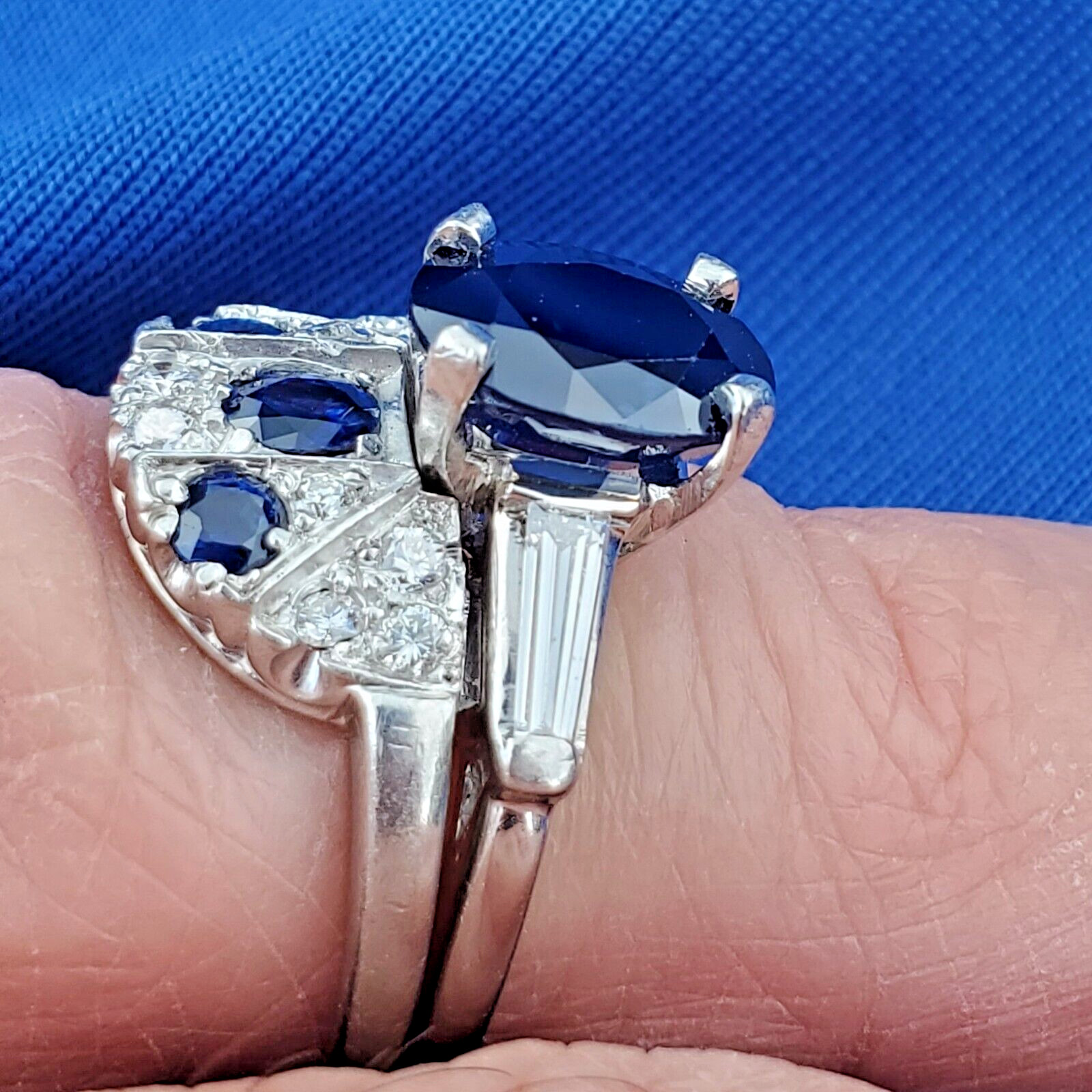 EARTH MINED SAPPHIRE DIAMON Deco Wedding Band Unique Vintage SOLID PLATINUM Ring