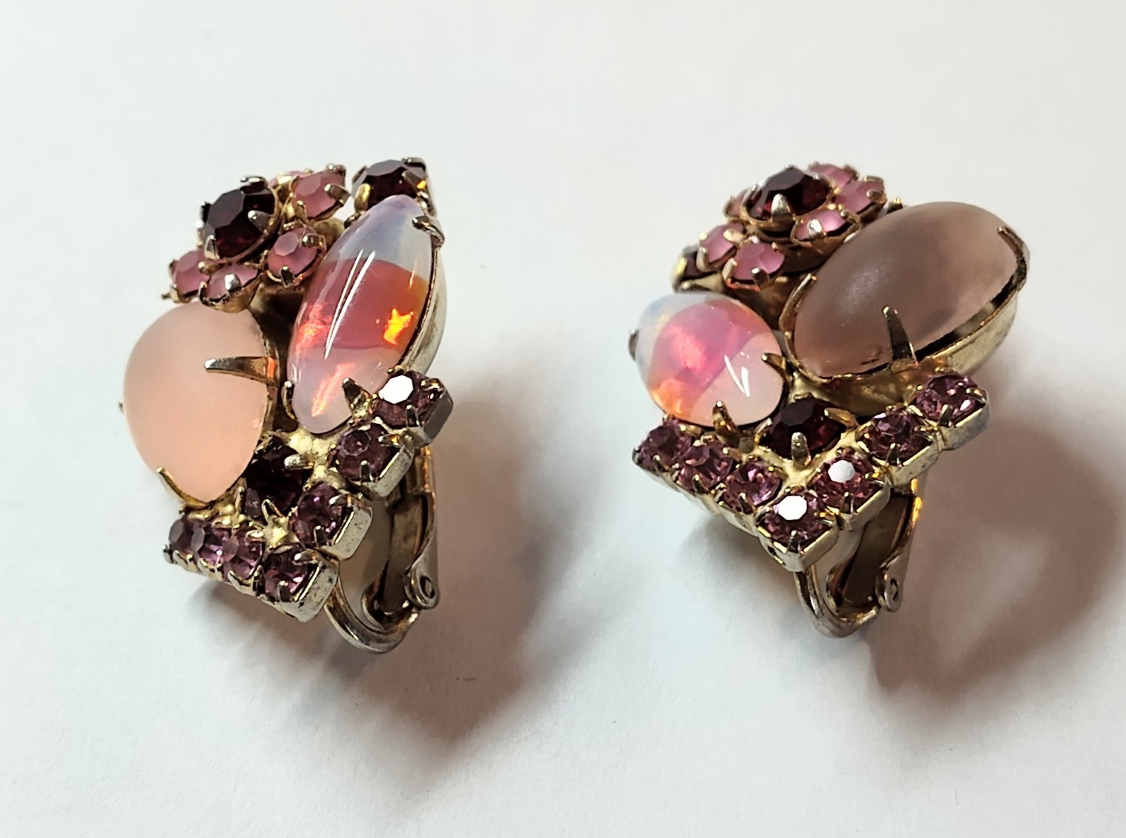 Vintage Stunning Givre Pink Red Clear AB Rhinestone Brooch Pin Clip Earrings