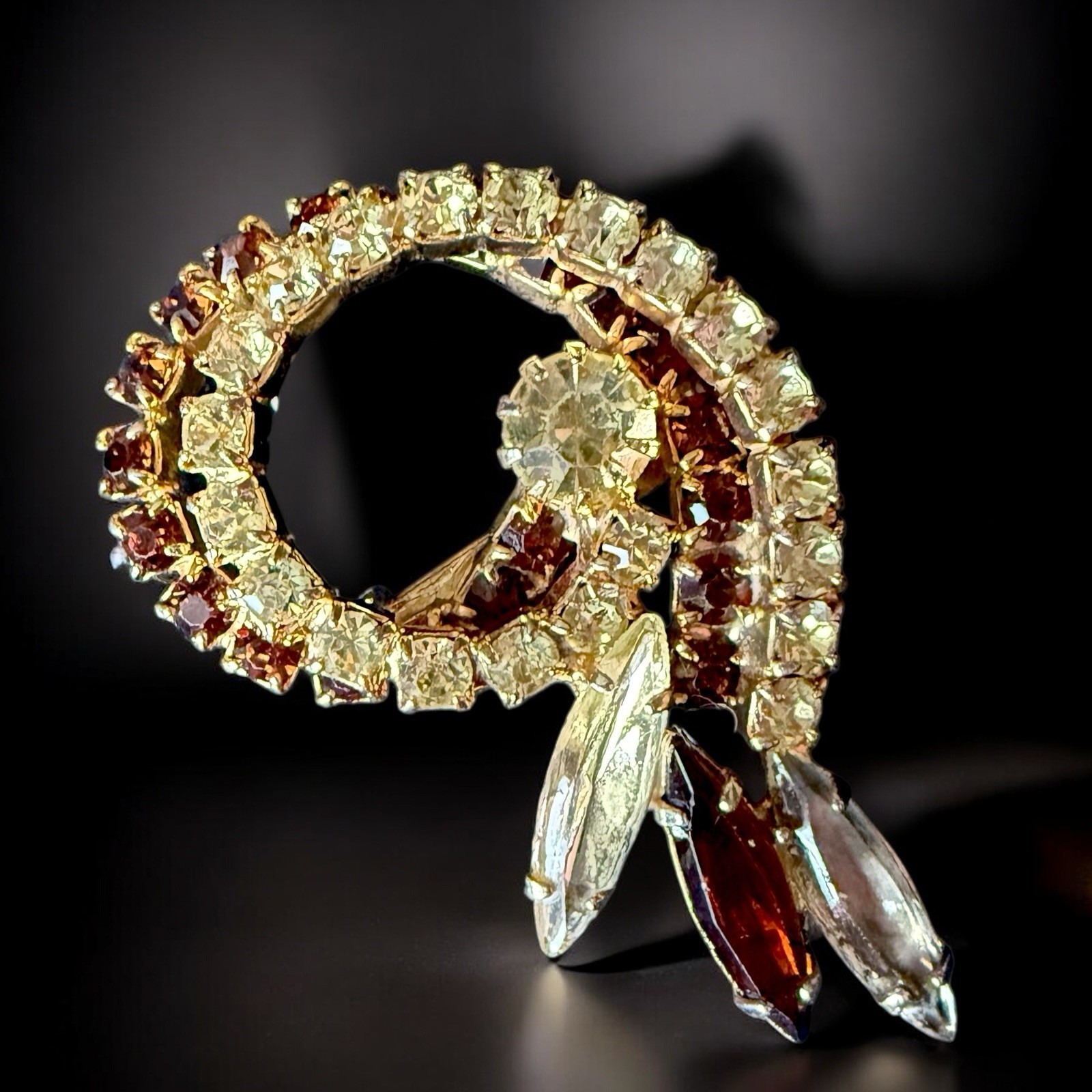 Rhinestone Spiral Brooch Amber Clear Navette Mid Century Modern Vintage Pin