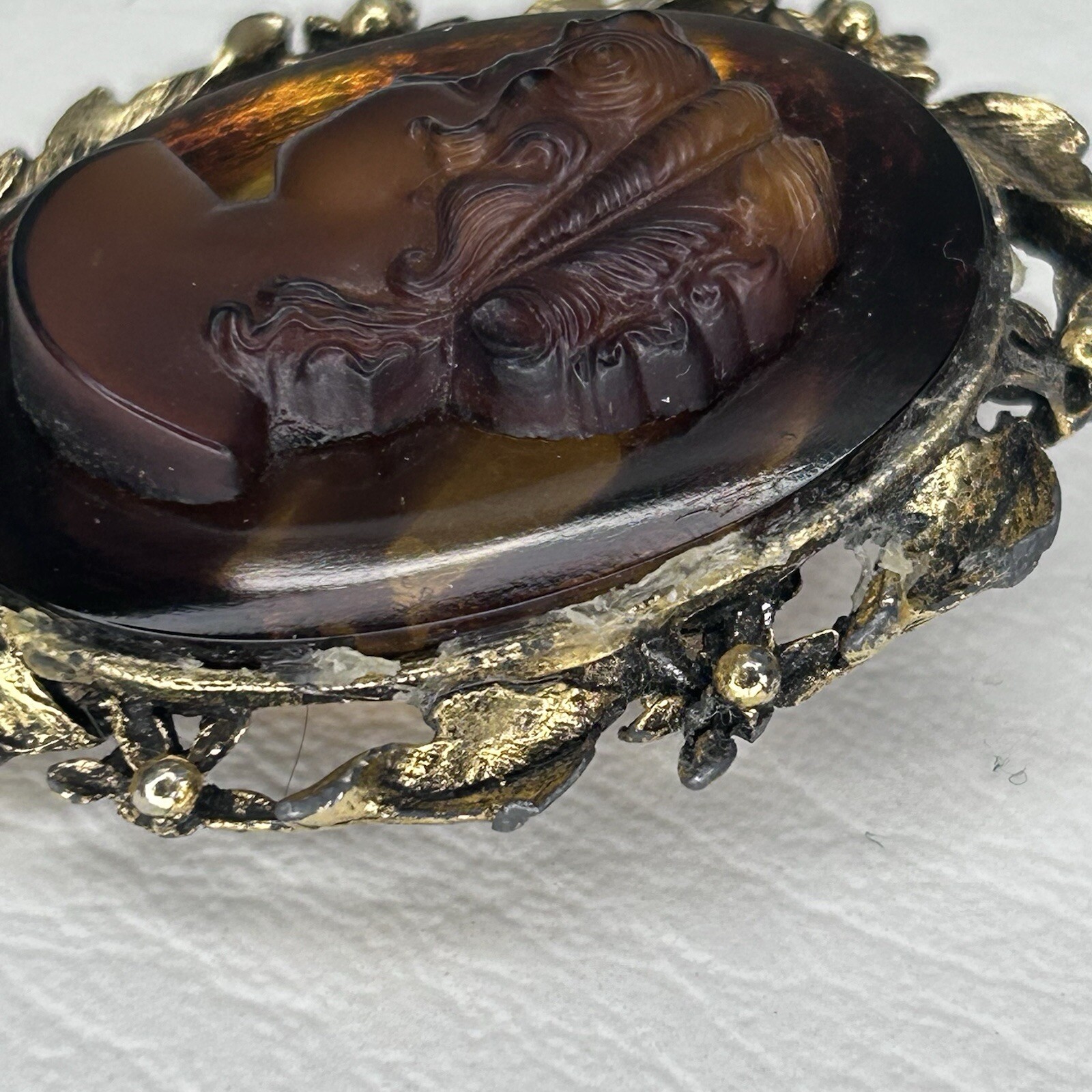 Vintage Cameo Pendant Brooch 2″ Gold Bezel Previously Repaired Read For Info.