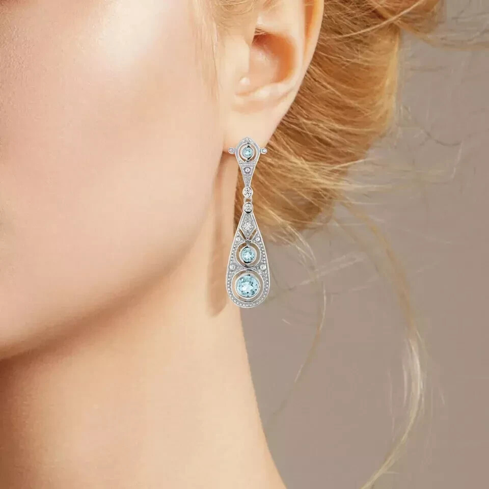 Art Deco Style Lab Created Diamond Aquamarine Drop Earring 14k White Gold Finish