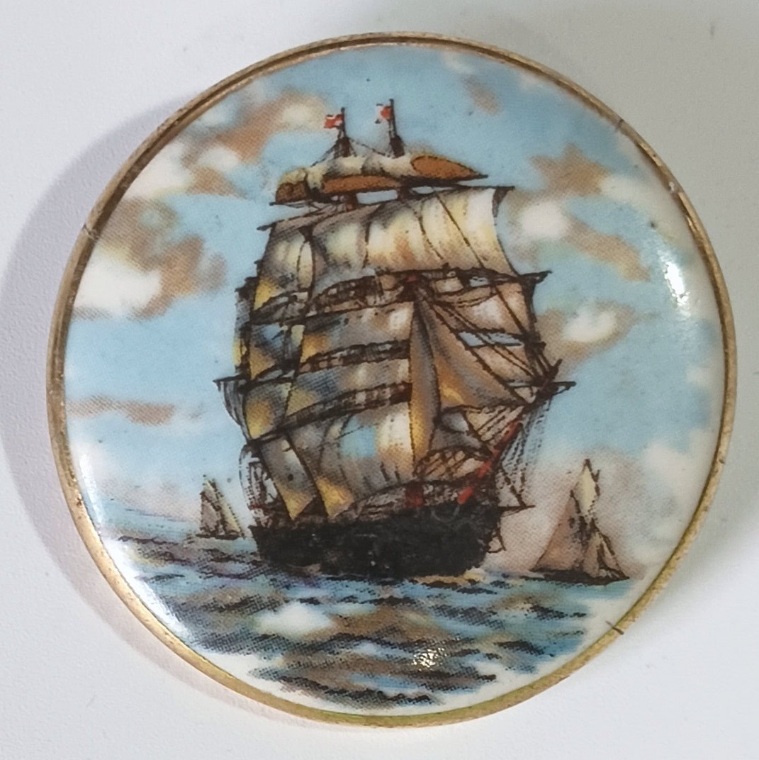 Vtg (Antique?) Painted Porcelain Brooch 1-5/8″ w/ Clipper Ship Under Full Sail