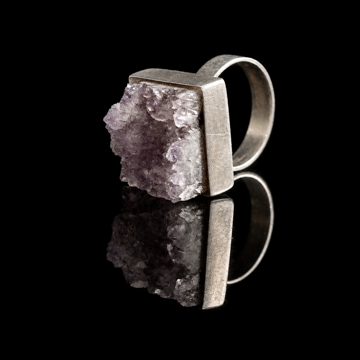 Vintage Swedish Sterling Silver Raw Amethyst Modernist Statement Ring Size 5.5