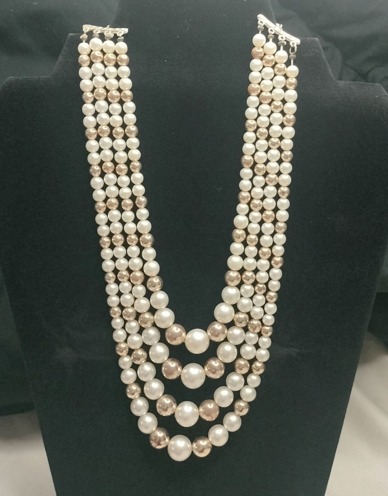 Vintage Multi Strand Faux Pearl Necklace White Gold Tone Decorative Hook Clasp 1