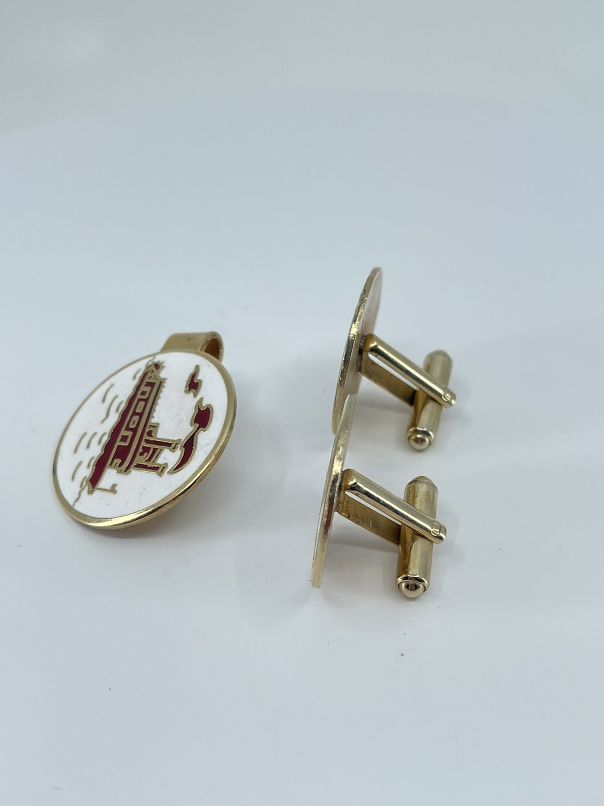Mr Tara River boat cufflinks and tie clip set red gold white enamel 1″