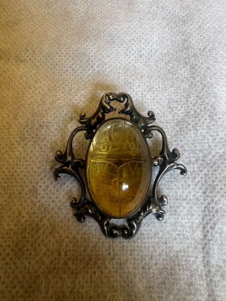 Amazing Art Deco Sterling Silver Scarab Design Citrine? Central Stone Pin Brooch