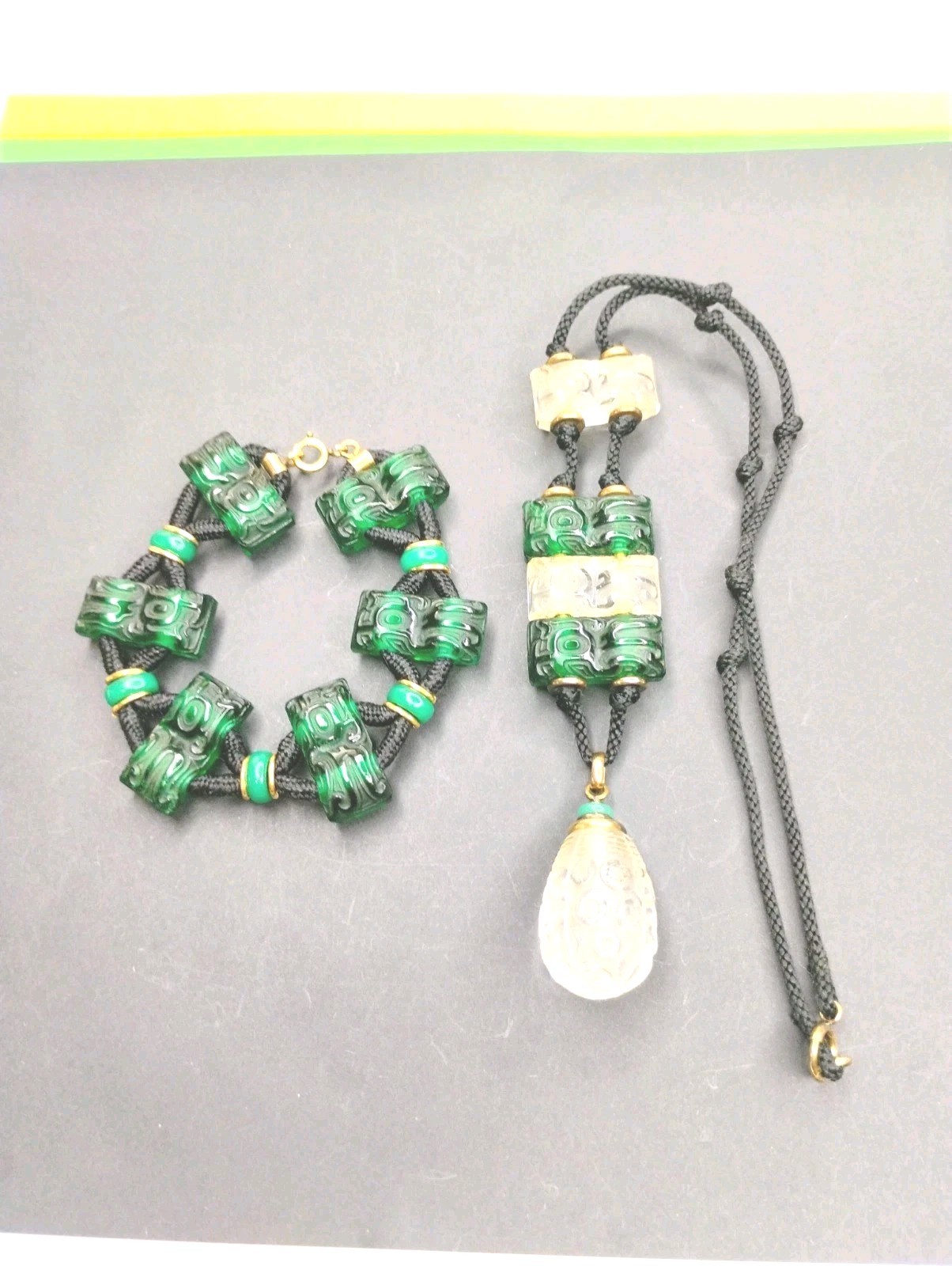 Antique 1920’s France Oreum Metal And Glass Necklace & Bracelet Set