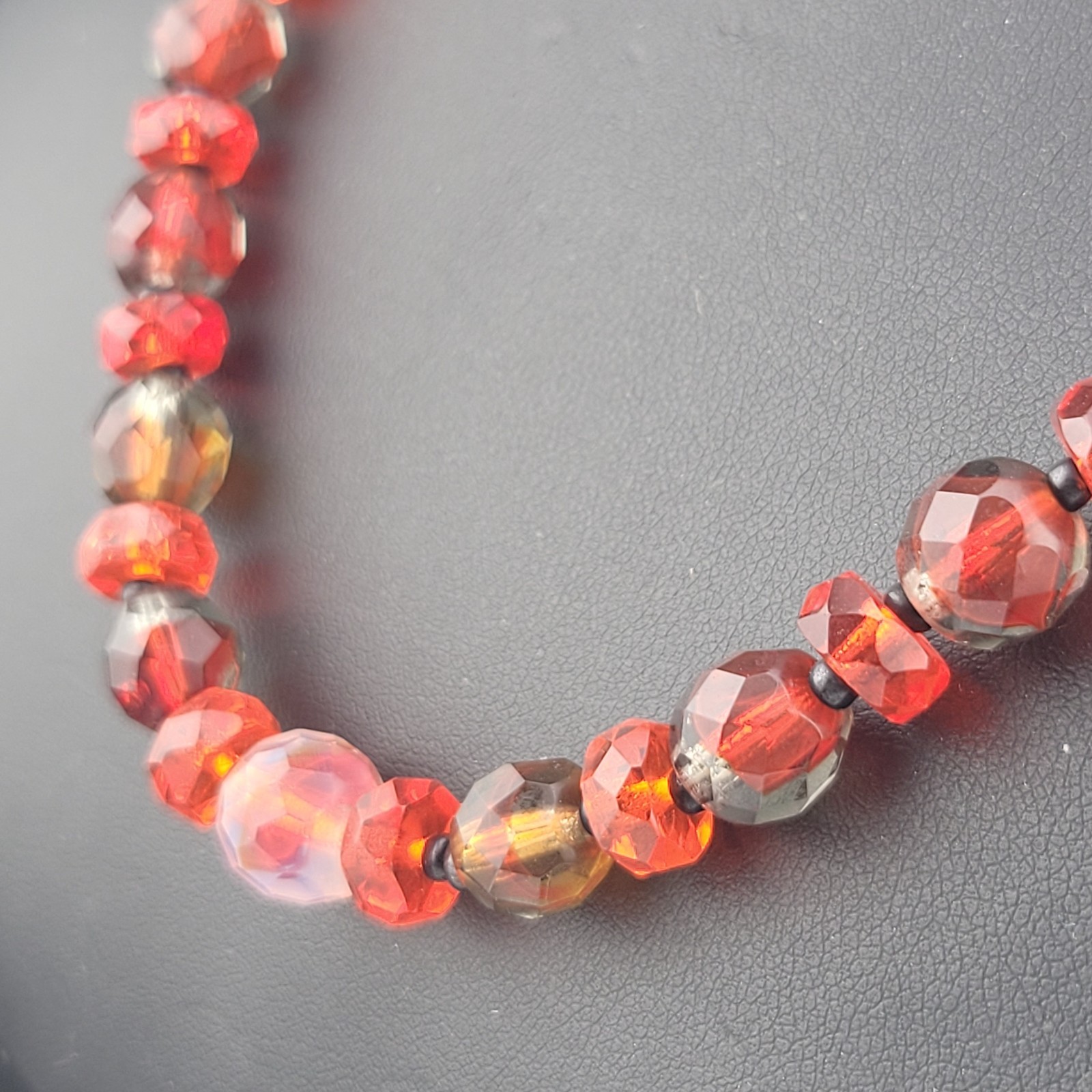 Antique Czech Red Clear Orange Givre Glass Crystal Bead Graduated 20″ Necklace