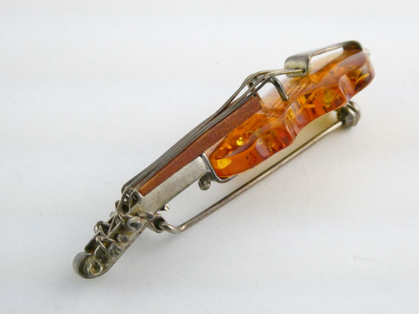 Vintage Polish Sterling Silver Carved Baltic Amber Violin Pin Brooch 6.4g 55mm