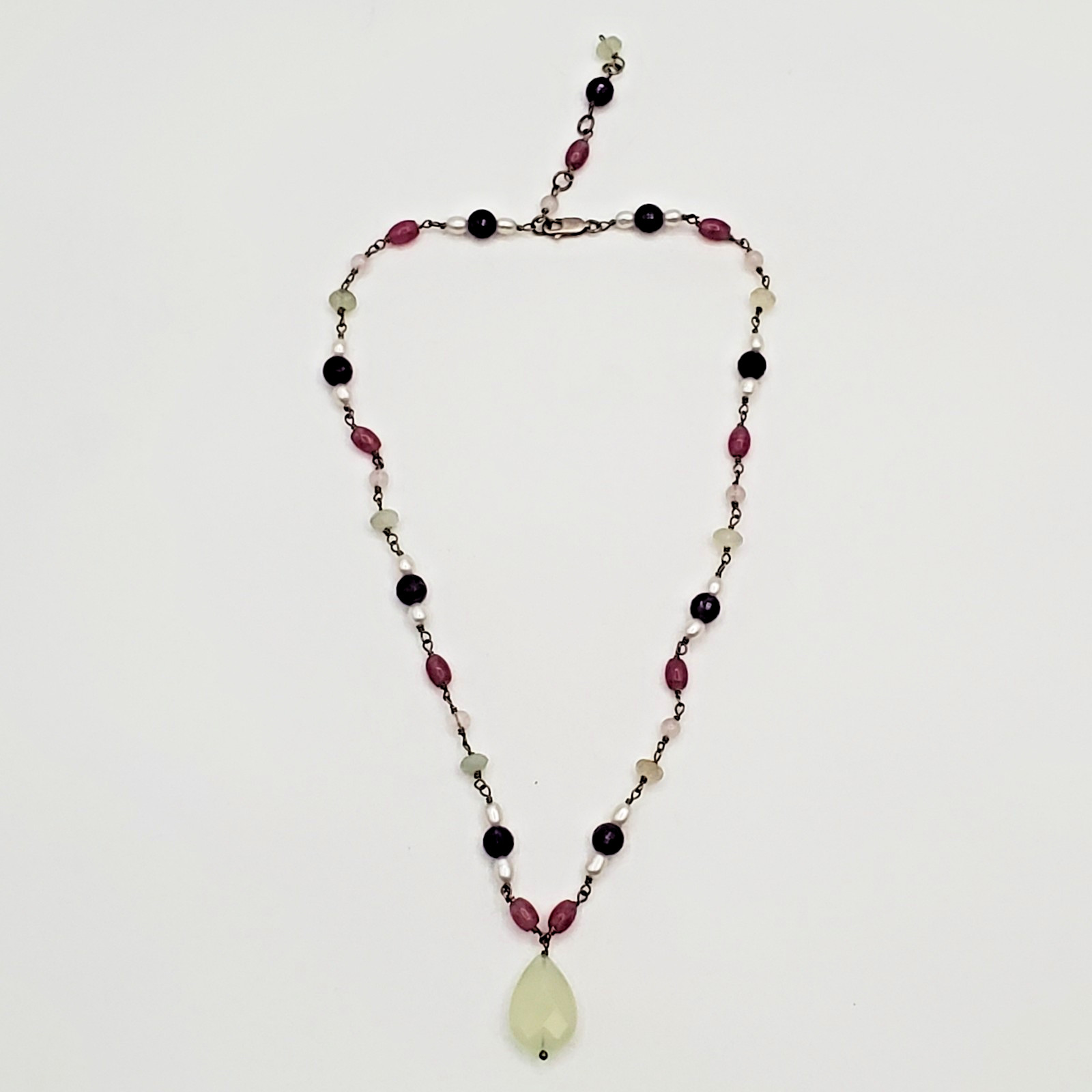 VTG 925 Pearl and Gemstone Jade Teardrop Necklace 18in Sterling Silver 12gtw