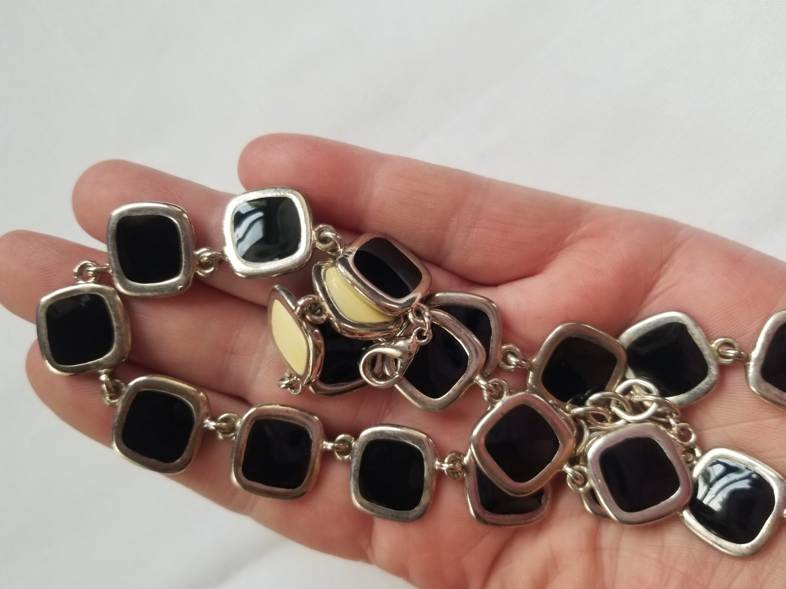 Vintage 1970s Black and Cream Enamel Geometric Necklace Reversible Silvertone