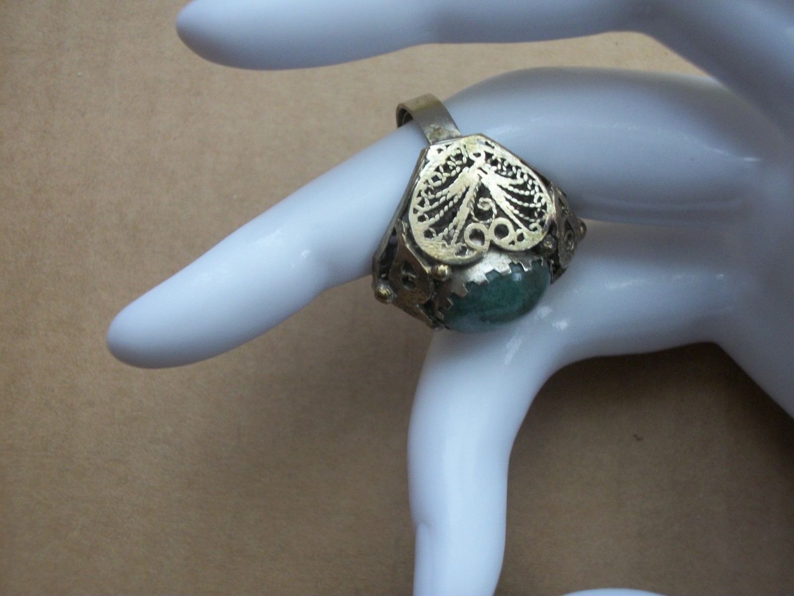 Vintage Gold-tone Green Cabochon Filigree Dome Ring Statement Piece