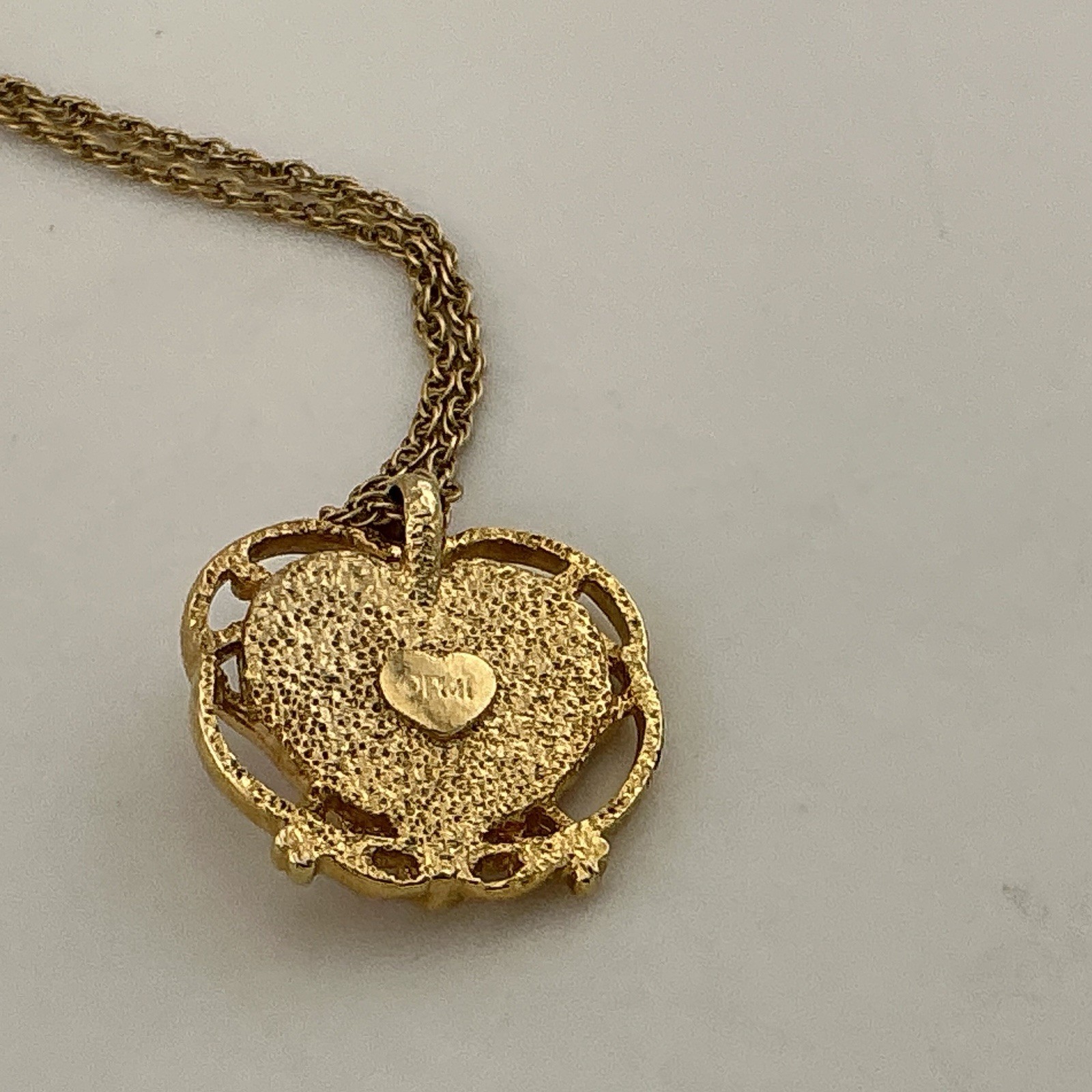 Vtg Precious Moments PMI Necklace Pink Faux Cameo Pendant GoldT Filigree 1990s
