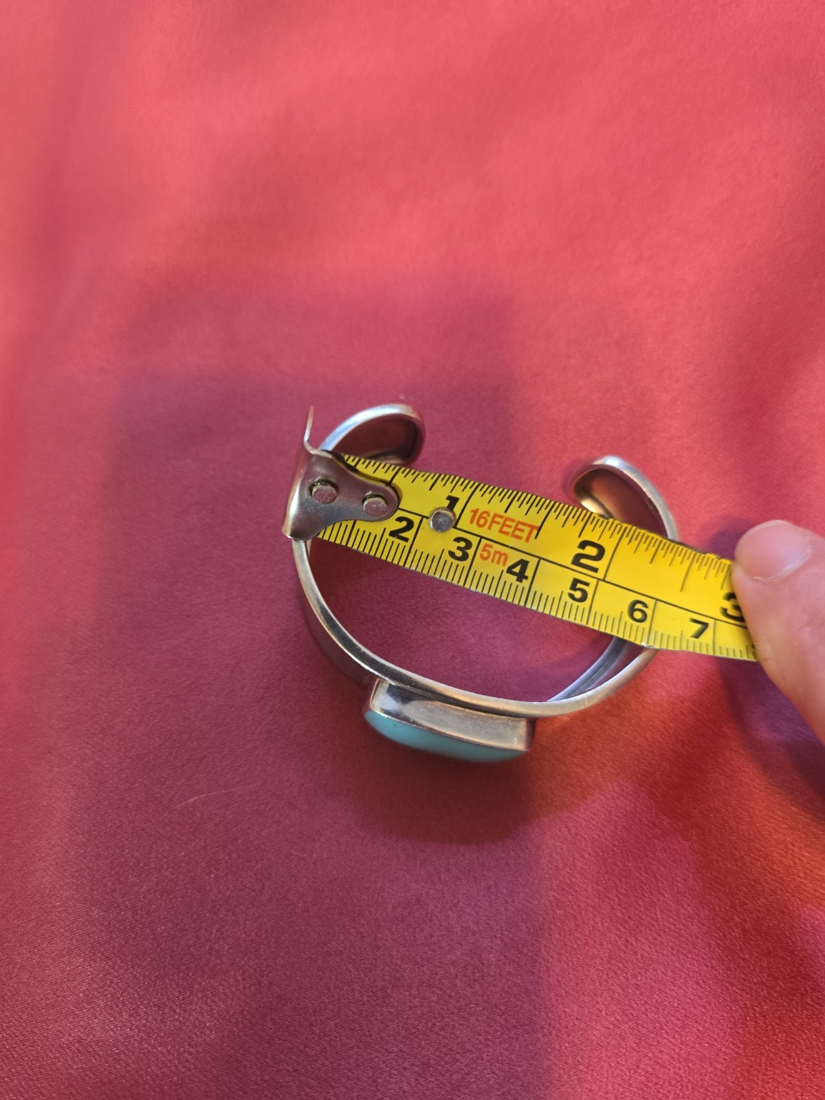 Vtg 70s Modernist Southwst .75″ Wide Sterling 925 Cuff Bracelet & Teal Acrylic?