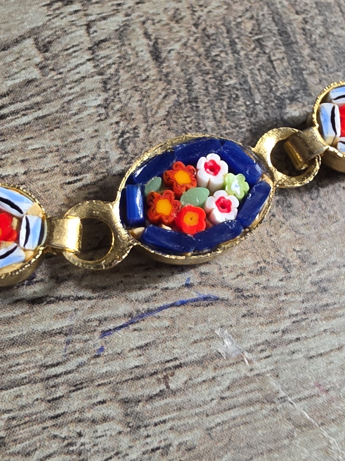 Vintage Micro Mosaic Multi Color Floral Design Linked Bracelet