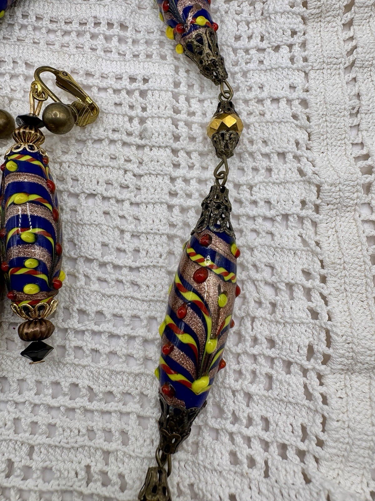 Vintage Czech Lampwork Trailed Aventurine Multicolor Bead Necklace Earring Set