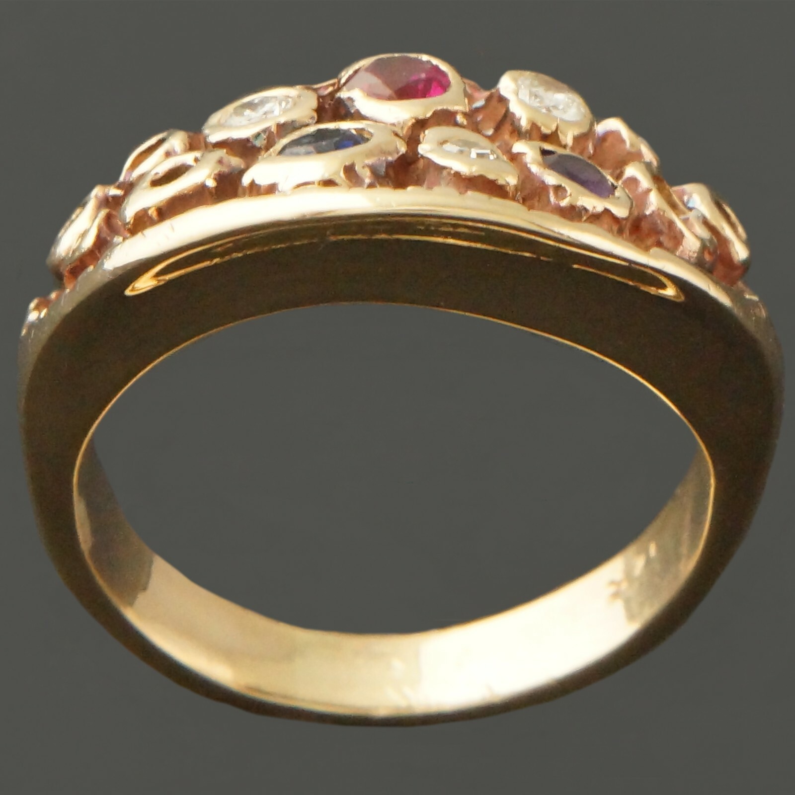 Custom Solid 14K Yellow Gold Ruby, Sapphire, Amethyst, Diamond Half Moon Ring