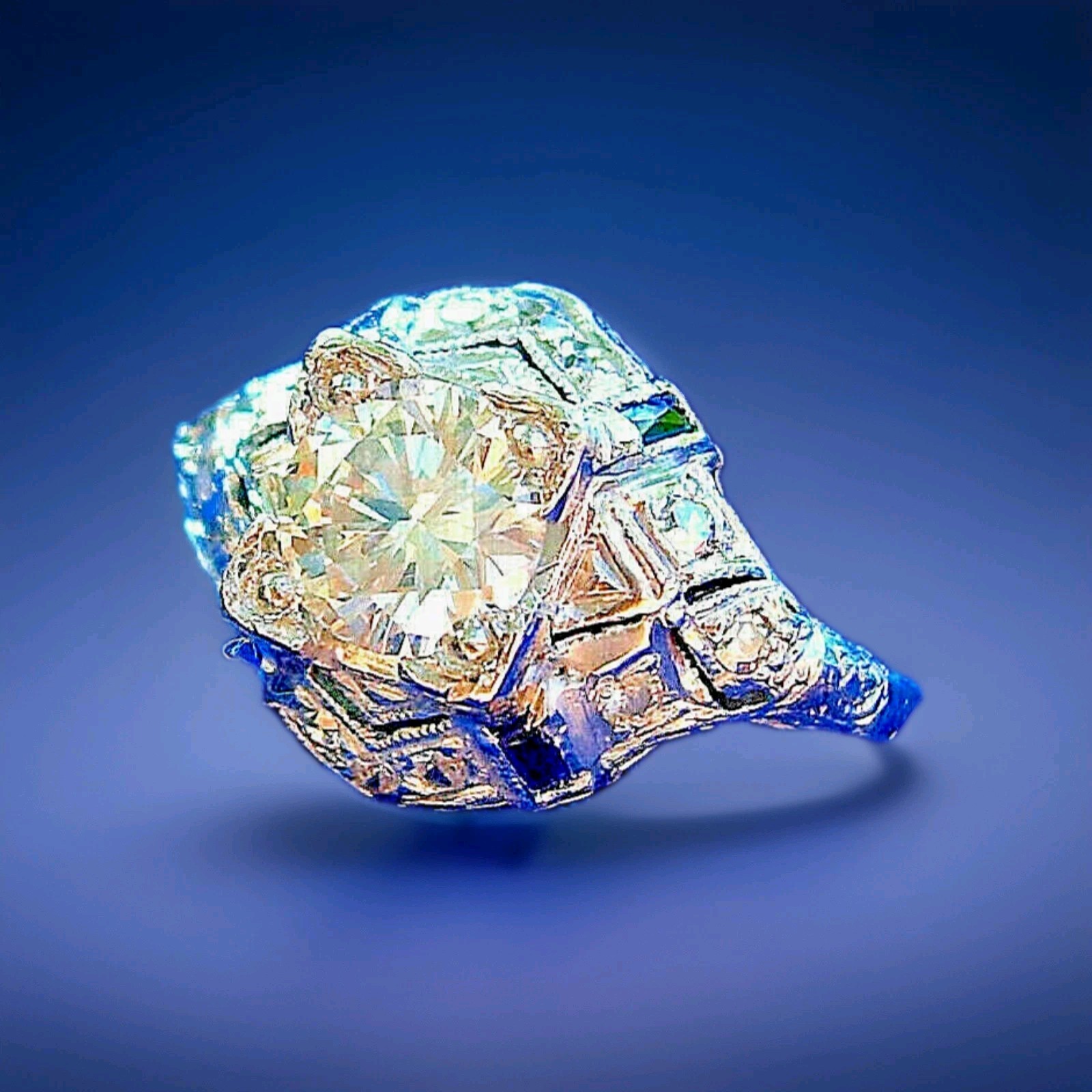 Original EARTH MINED DIAMOND Deco Engagement Ring 1 ct Vintage PLATINUM Sapphire