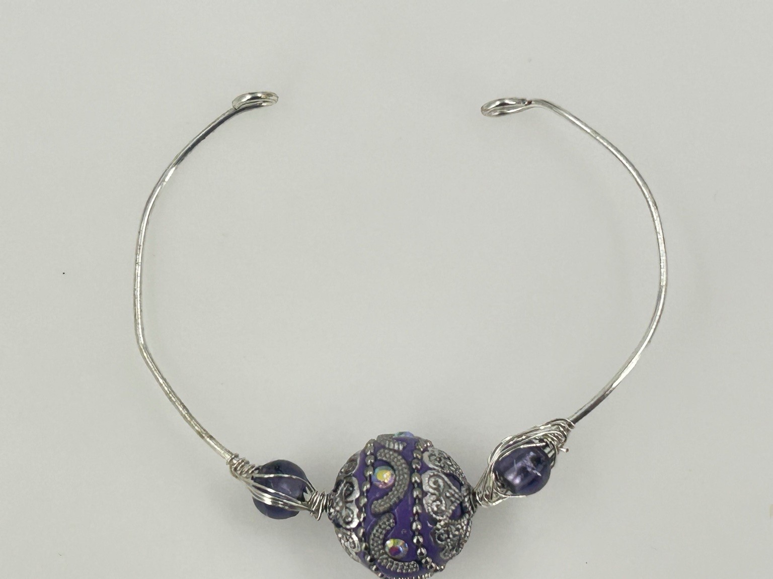 Handcrafted Purple Bead Silver Wire Bangle Bracelet Adjustable