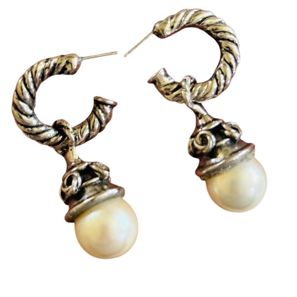 Regal Cuff Earrings VTG Dangle Silver Plated Pearl Cabochon Hoop pierced 90s
