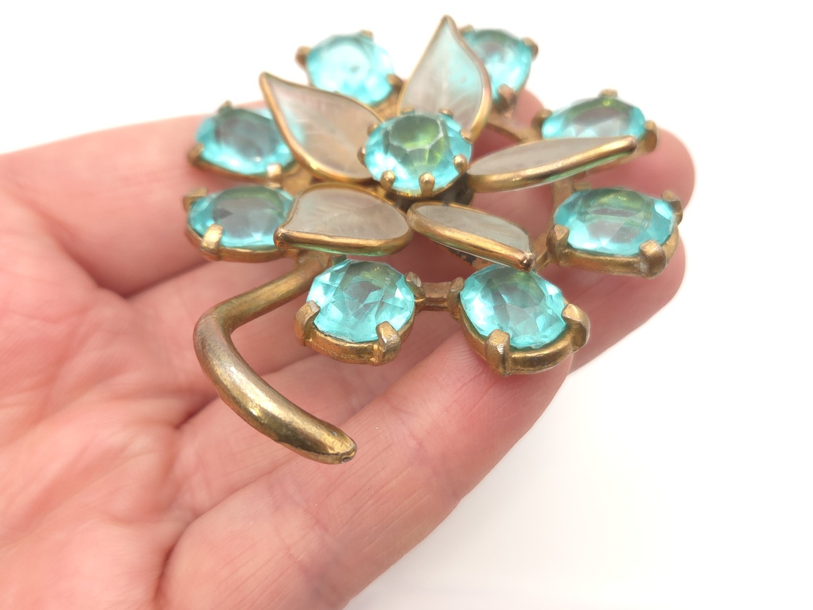 Vintage Art Deco Gold Gilt Aquamarine Blue Glass Paste Stone Flower Brooch Pin