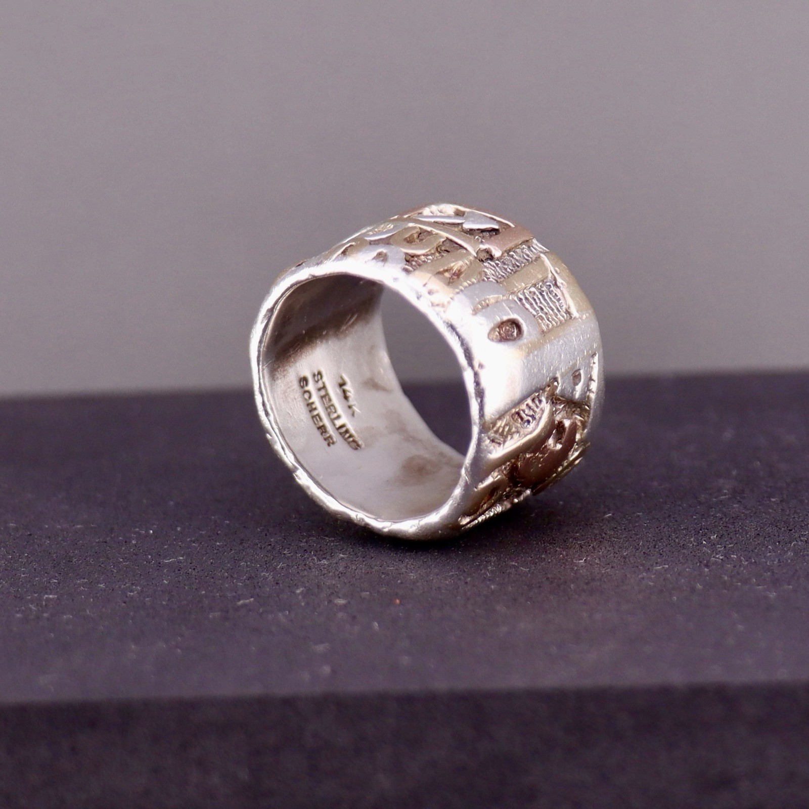 Vintage Scherr Sterling Silver 14K Gold Wide Band Ring Size 6.5 18g