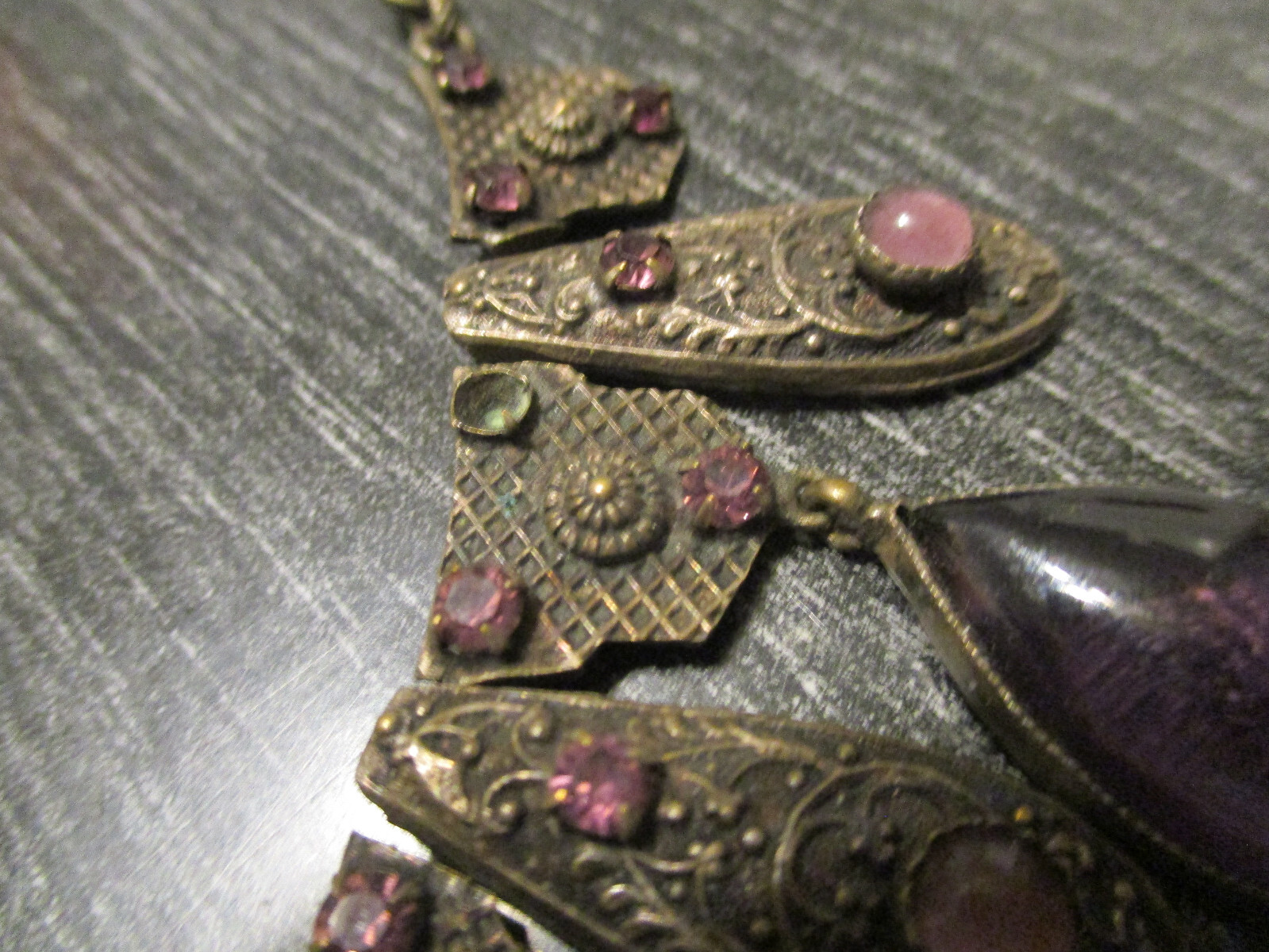 Fine Antique Deco Made in France Purple Glass Rhinestone Choker Drop Necklace!