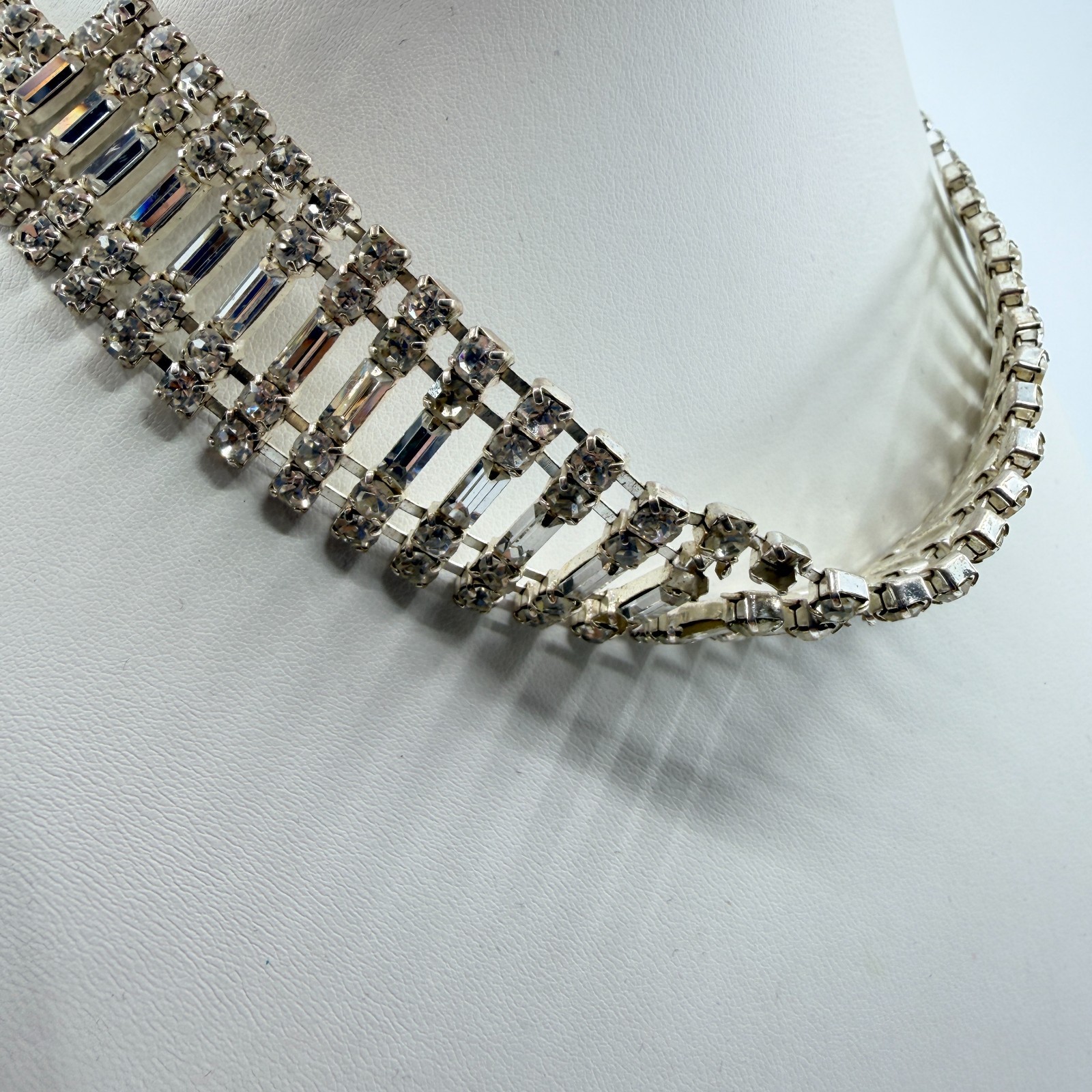 Vintage Mid Century Clear Rhinestone Baguette Choker Necklace Silver Tone Wide