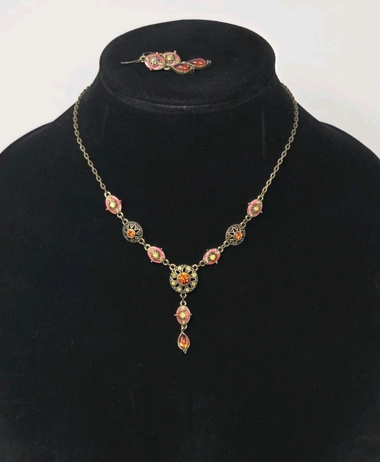 Orange Pink Yellow Y-Drop Necklace & Earring Set Rhinestones Enamel Bronze Tone