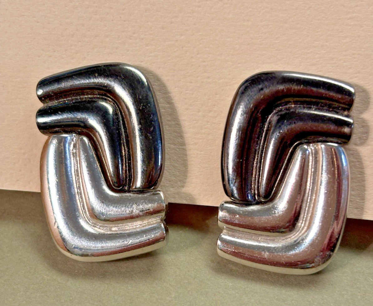Vintage YSL Yves Saint Laurent post earrings silver/gray tone geometric design