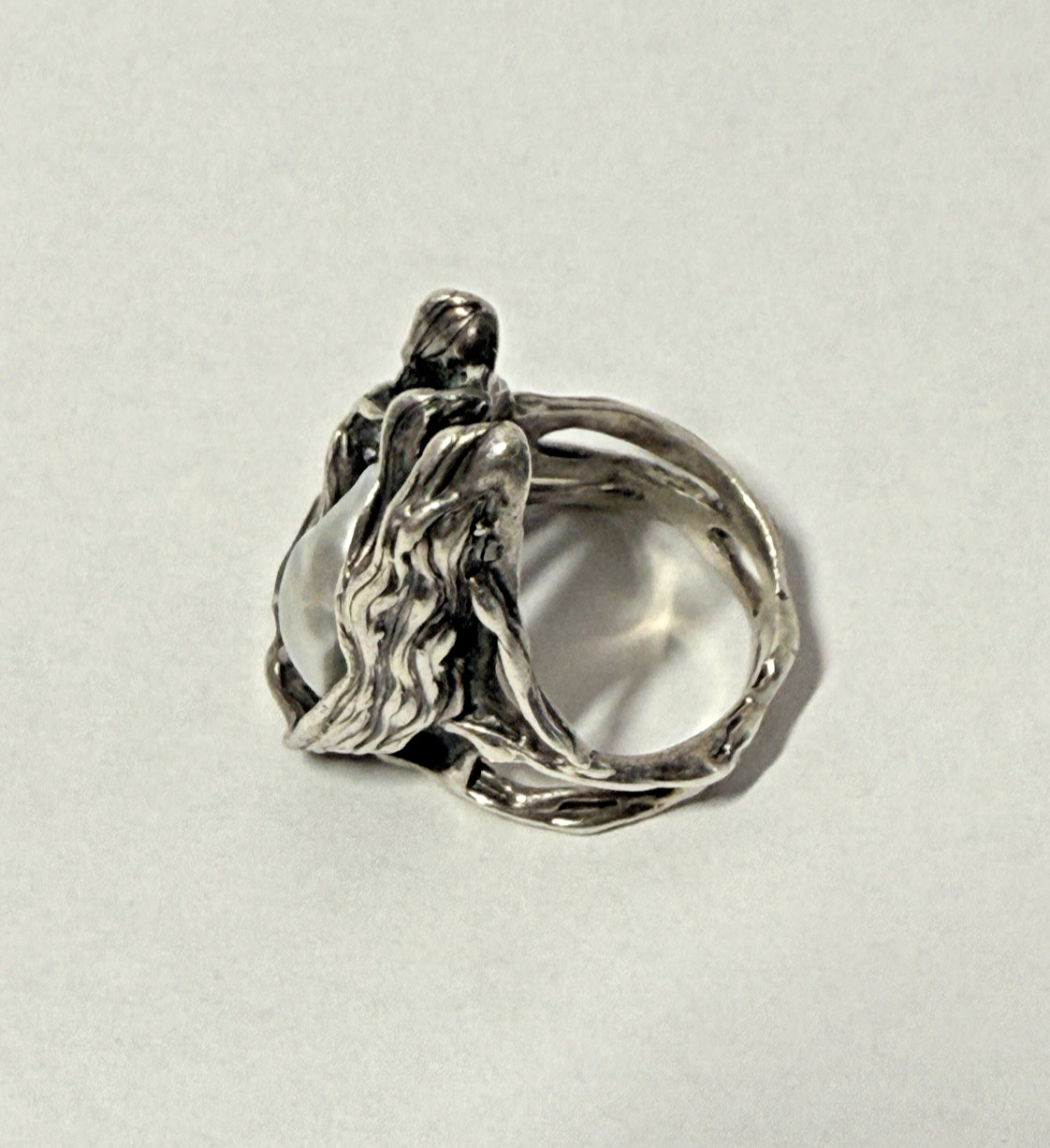 VINTAGE BRUTALIST STERLING SILVER & GRAY BAROQUE PEARL RING SIZE 6 1/2