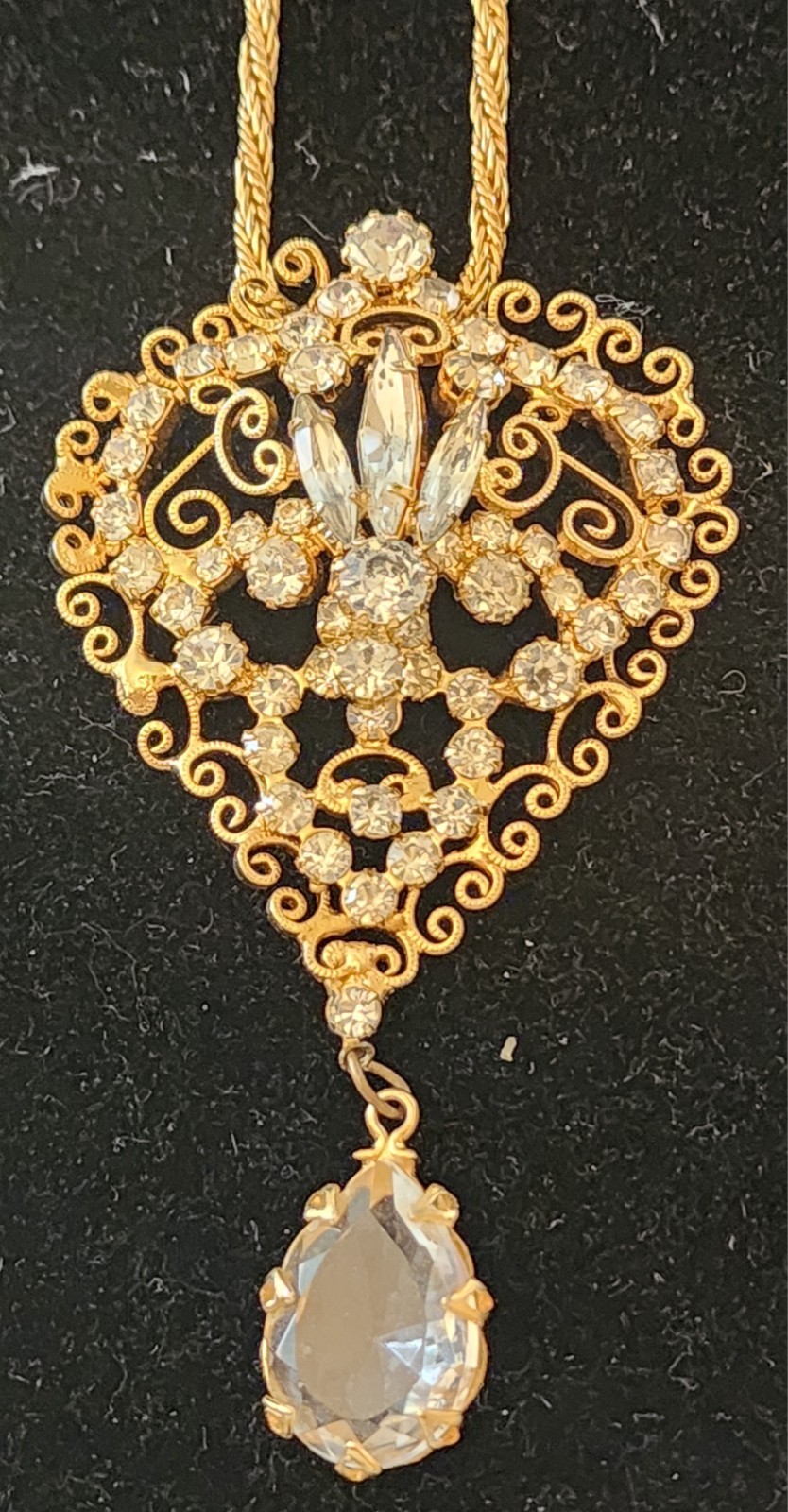 Gold Filigree Rhinestone & Crystal Pendant On Chain Juliana Designer Look
