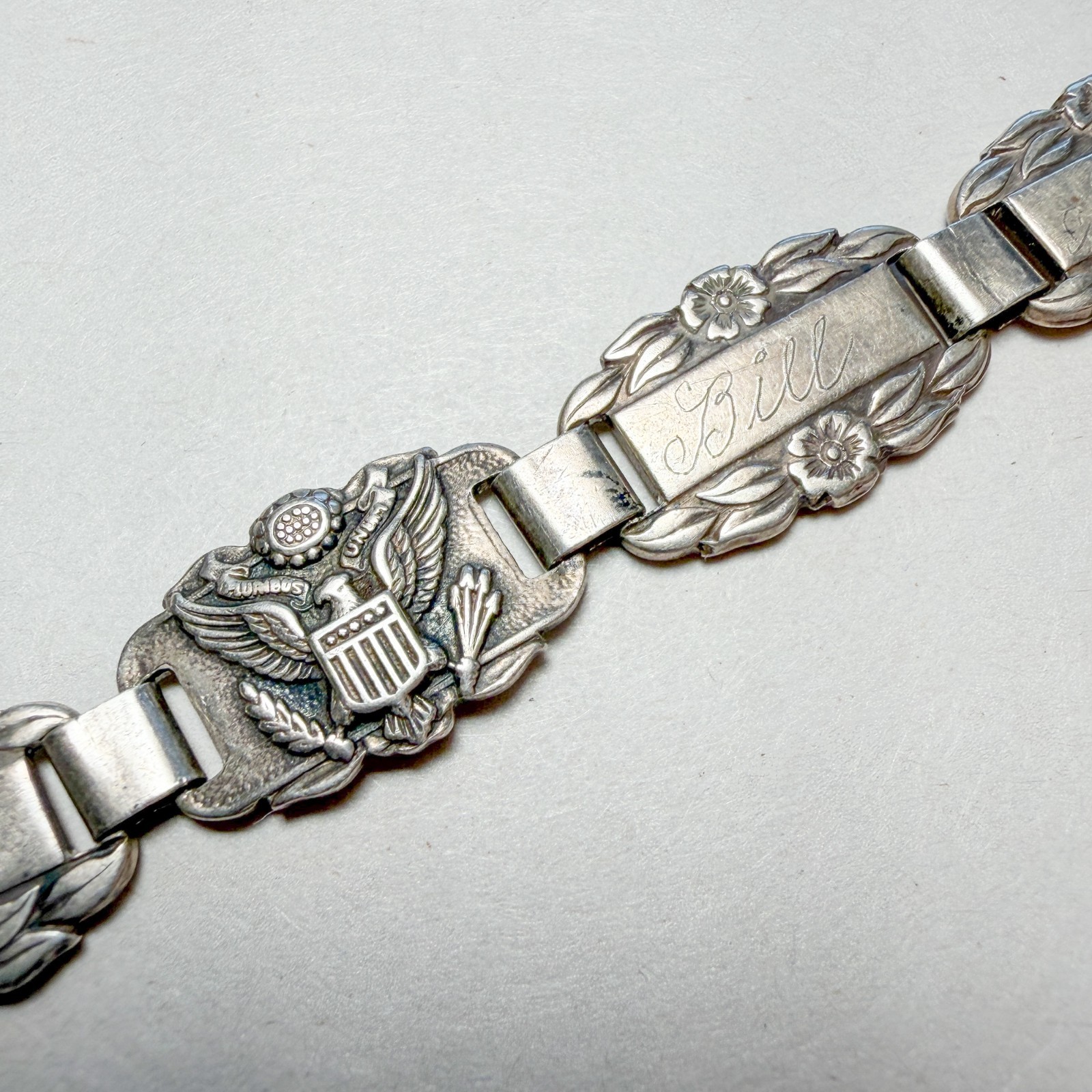 Vtg WWII Sterling Forget-Me-Not Sweetheart Bracelet US Army Names 7″ Silver