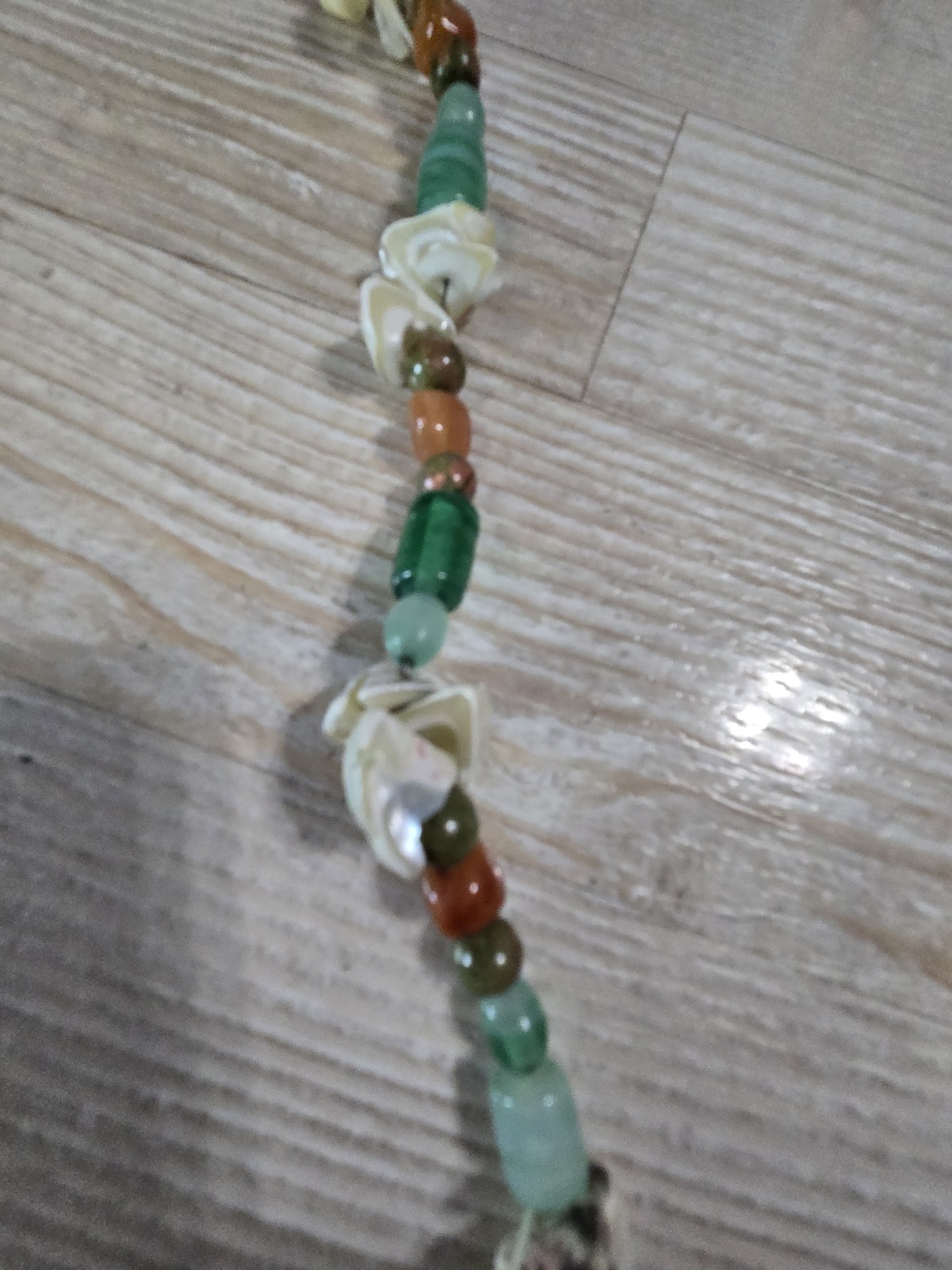 Vintage Boho Beaded Necklace Green Agate, Amber Brown Stone & Shell