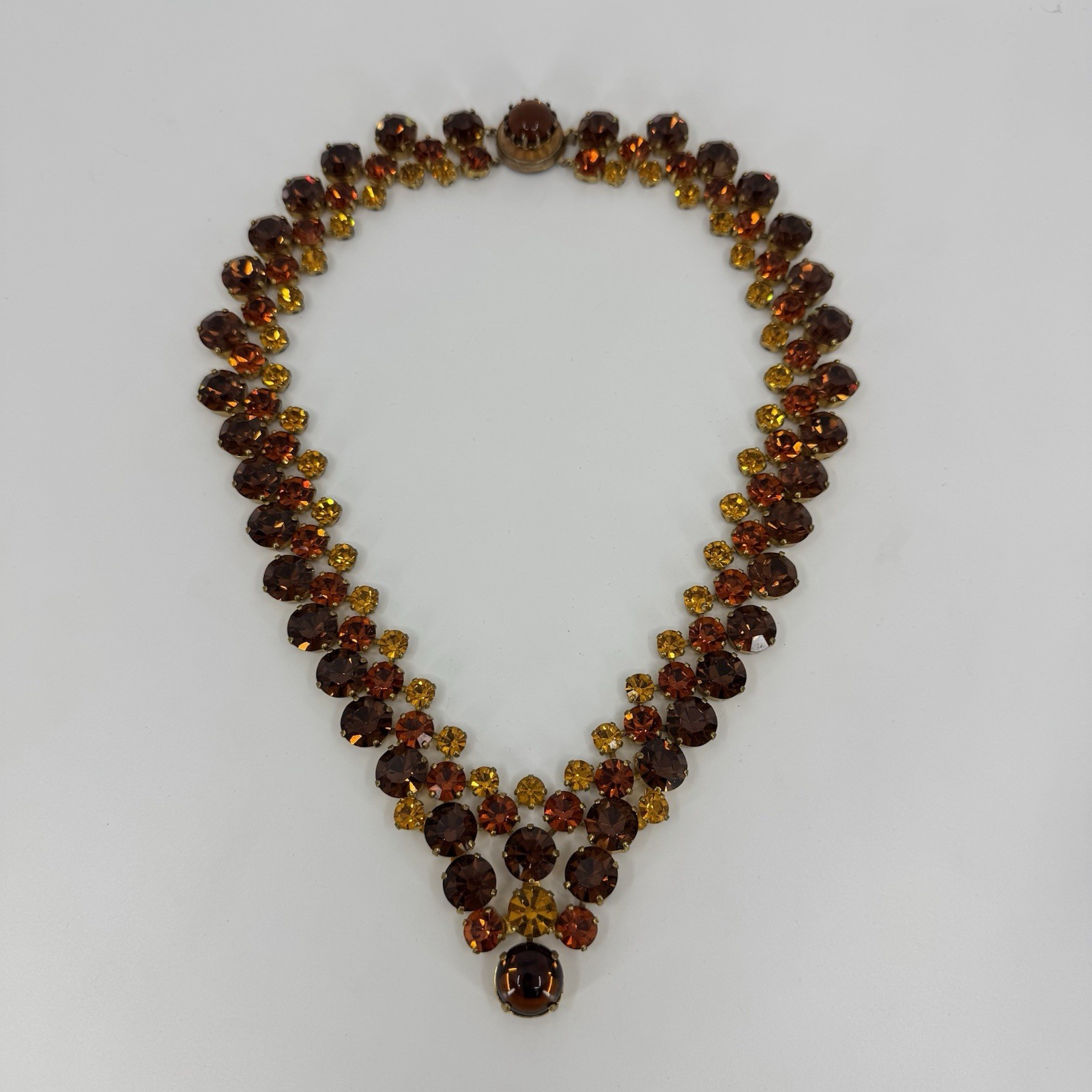 Large Statement Gold Tone Multi-tone Amber Round Rhinestone Necklace 17”