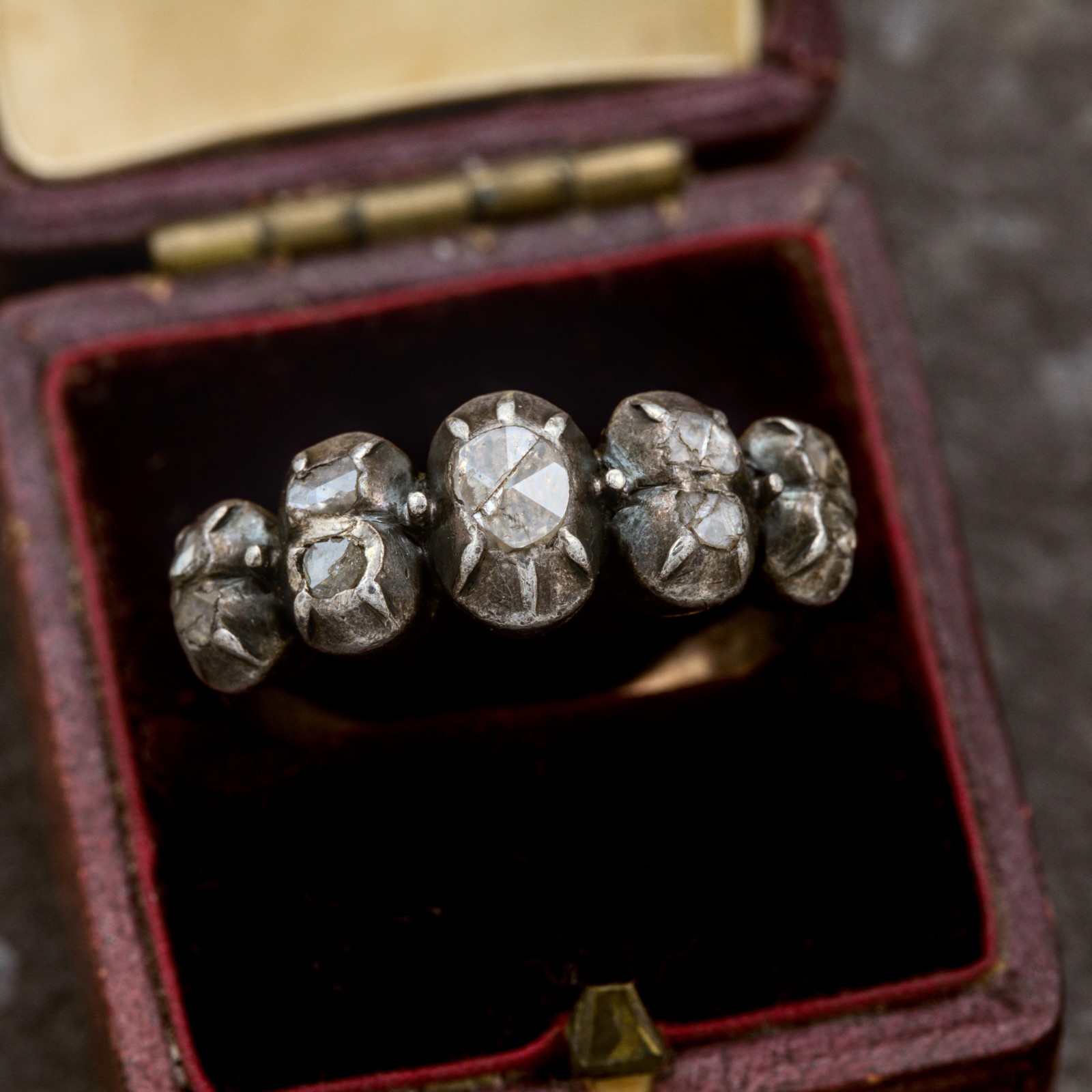 RARE ANTIQUE GEORGIAN PERIOD 14K GOLD SILVER ROSE CUT DIAMOND RING c1790