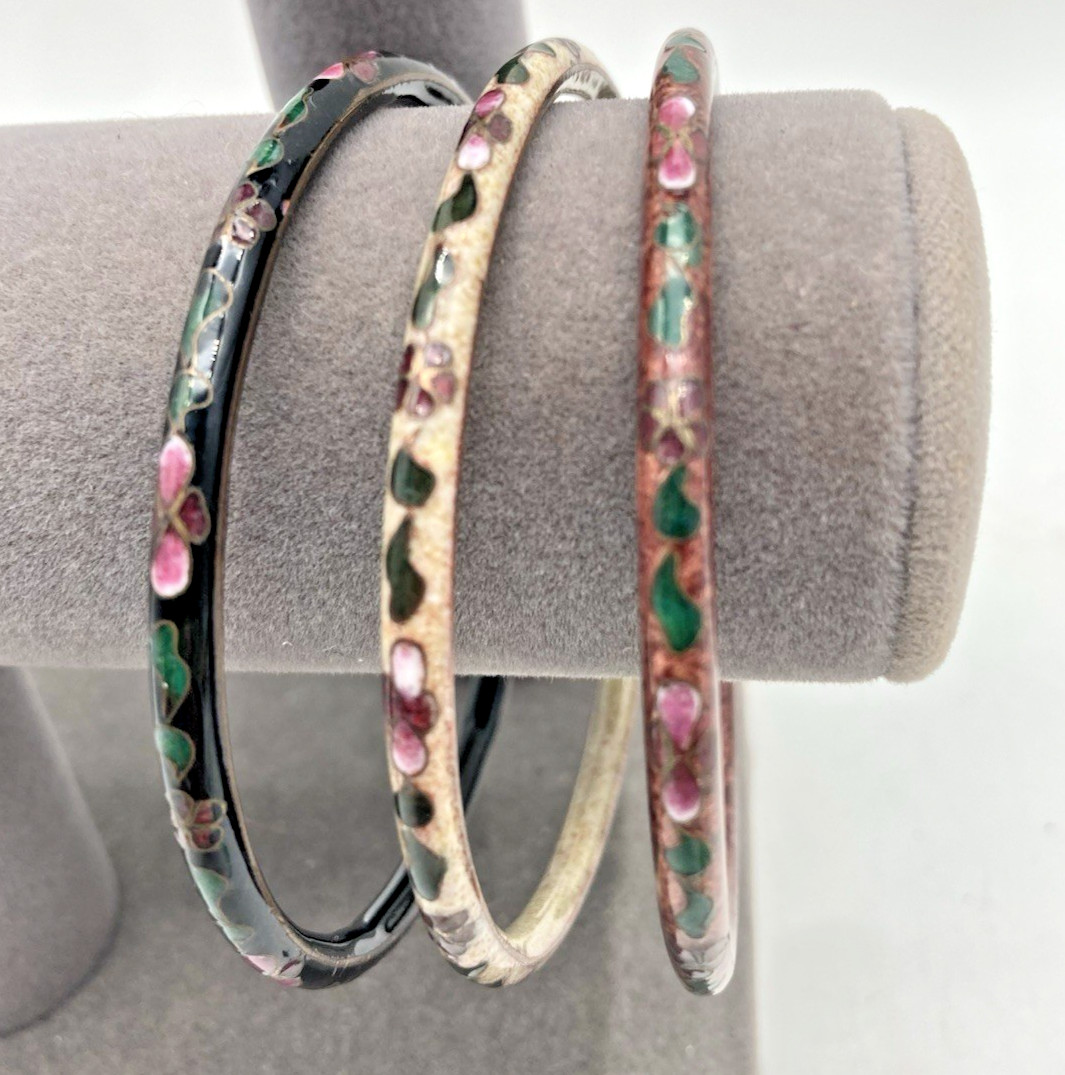 Chinese Cloisonne Enamel Bracelets (Lot of 3) Floral Design Vintage