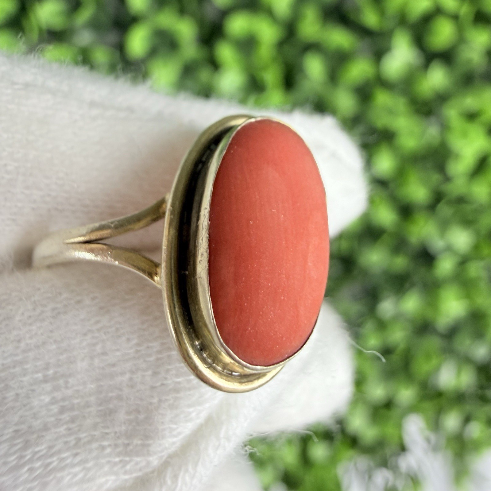 Vintage Antique? Natural Coral Cabochon 800 Silver Gold Tone Ring Size 6.75-7ish