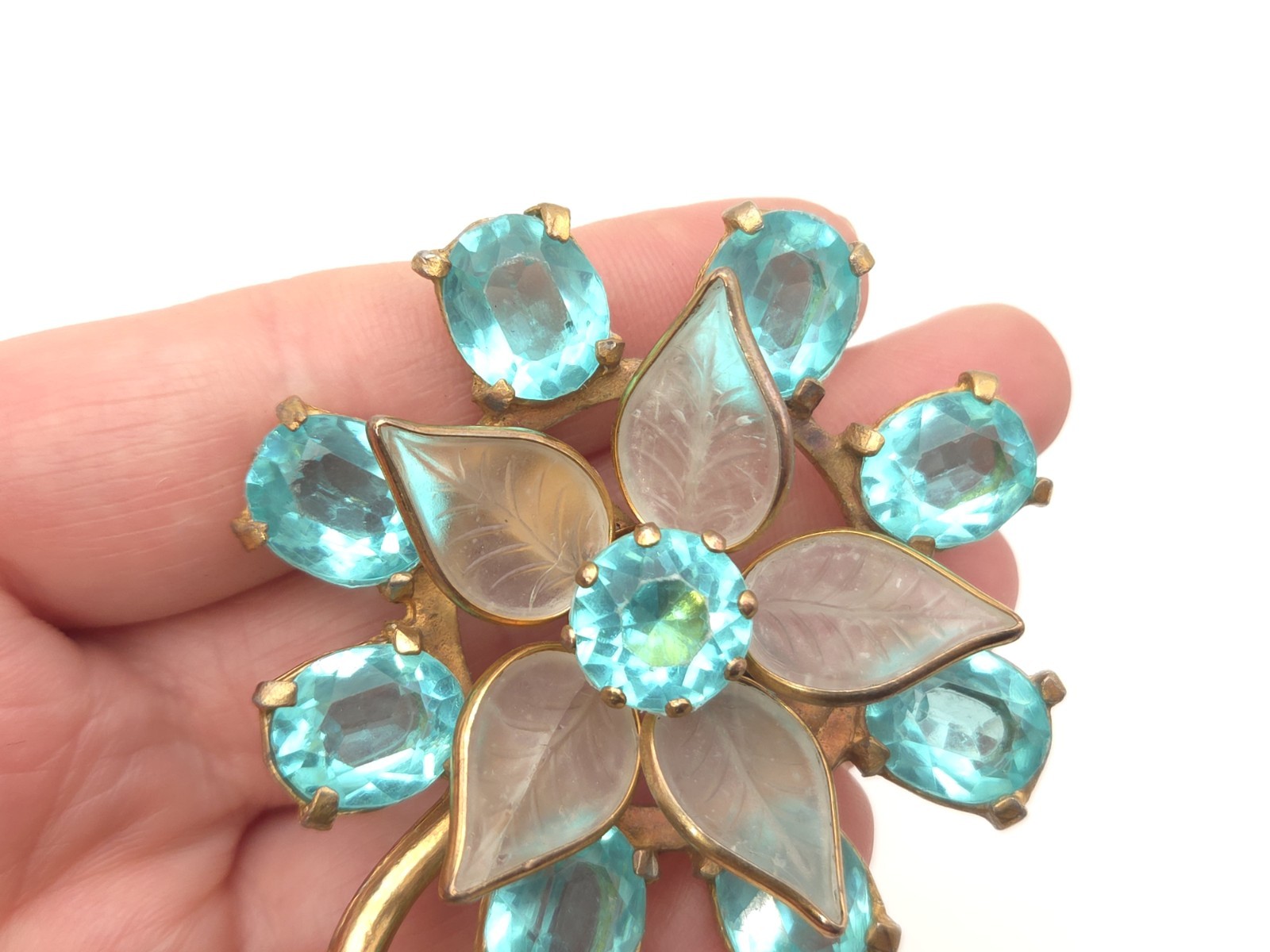 Vintage Art Deco Gold Gilt Aquamarine Blue Glass Paste Stone Flower Brooch Pin