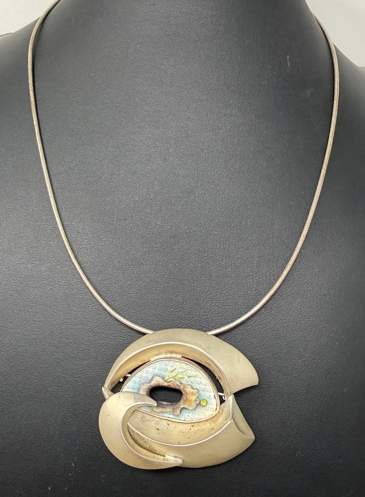 MCM Signed Artisan MODERNIST STERLING SILVER & ENAMEL Brooch PENDANT NECKLACE
