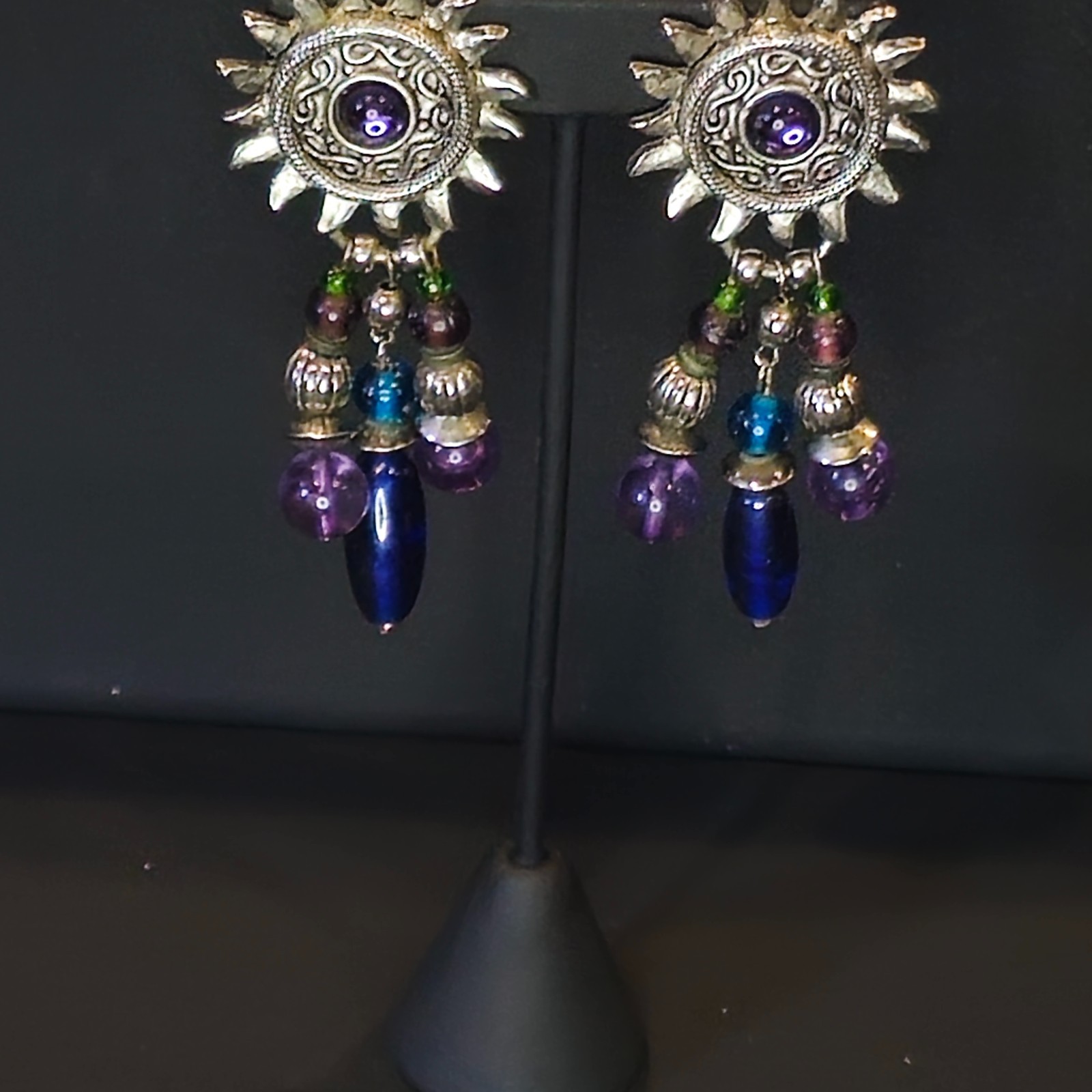 VTG Boho Sunburst Clip‑On Earrings Mixed Glass Metal Beads
